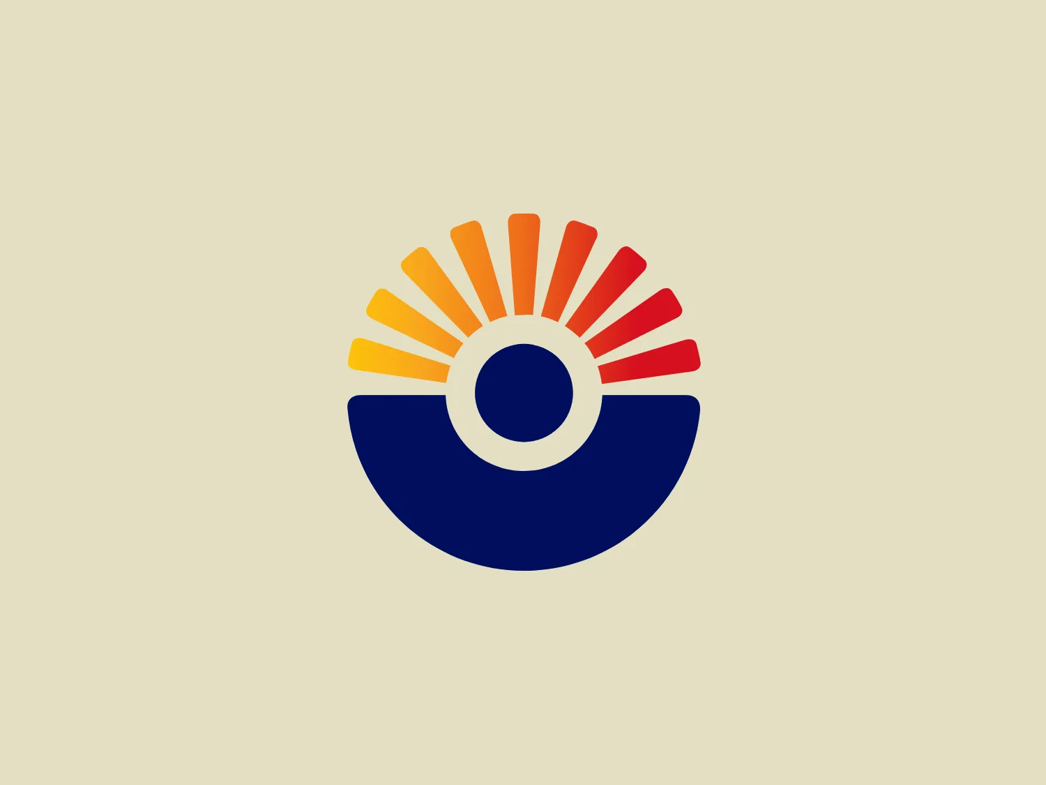 The Core Electric Cooperative logo depicts a stylized half sun rising or setting over a curved horizon. The semi-circular sunburst is illustrated with rays that alternate in color, transitioning from yellow at the top to orange and finally red as they reach the center of the sun. The sun itself is a white circle, articulating a contrast against the vibrant rays. Below the sunburst is a solid navy blue semi-oval depiction of the horizon or ocean, providing a grounding element to the energetic sun above. The logo conveys a sense of optimism, energy, and movement with its use of warm colors and dynamic rays. Overall, it has a clean, simple, and modern aesthetic, with a limited but bold color palette. For a background color that would complement this Core Electric Cooperative logo, a soft and neutral option would be fitting.