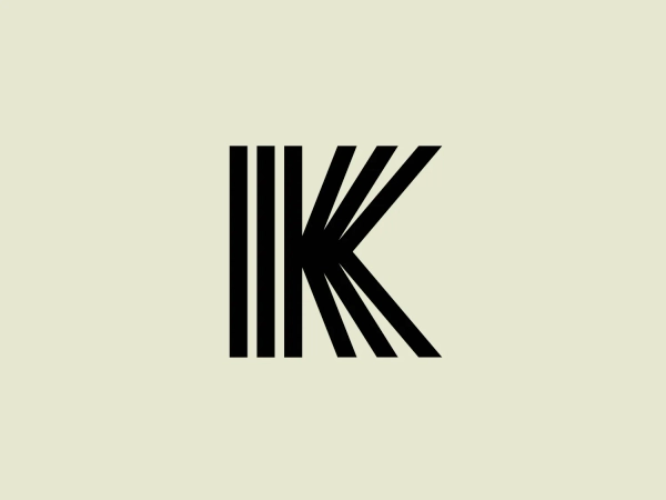 The logo presented for Koll Guitars is a stylized representation of the letters "IK" using sharp geometric shapes. The design is monochromatic, featuring solid black coloration. The "I" is depicted using vertical lines of varying lengths, whereas the "K" is created through a series of diagonal lines converging towards the lower right, giving the impression of a single continuous element. This modern, minimalist design conveys a sense of sleekness and cutting-edge simplicity. To complement this logo, a light background that provides enough contrast without overpowering the black lines would be appropriate.