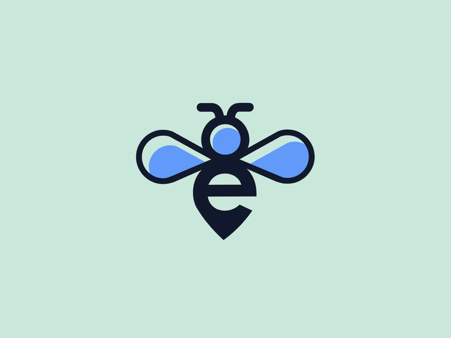 The Enroll Bee logo features a stylized bee with a modern, minimalist aesthetic. The body of the bee is represented by a circular shape with a lowercase letter 'e' integrated into the design, serving both as the bee's body segment and the initial of the represented brand or entity. The wings have abstract, elongated oval shapes with slightly rounded ends, spread outward on either side of the bee's body. The wings, head, and antennae are done in a gradient of blue shades, giving the Enroll Bee logo a vibrant and dynamic feel, while the body is a solid dark blue or navy color, adding contrast and grounding the design. The use of negative space to form the bee's stripes and wings adds to the clean and contemporary look of the Enroll Bee logo.