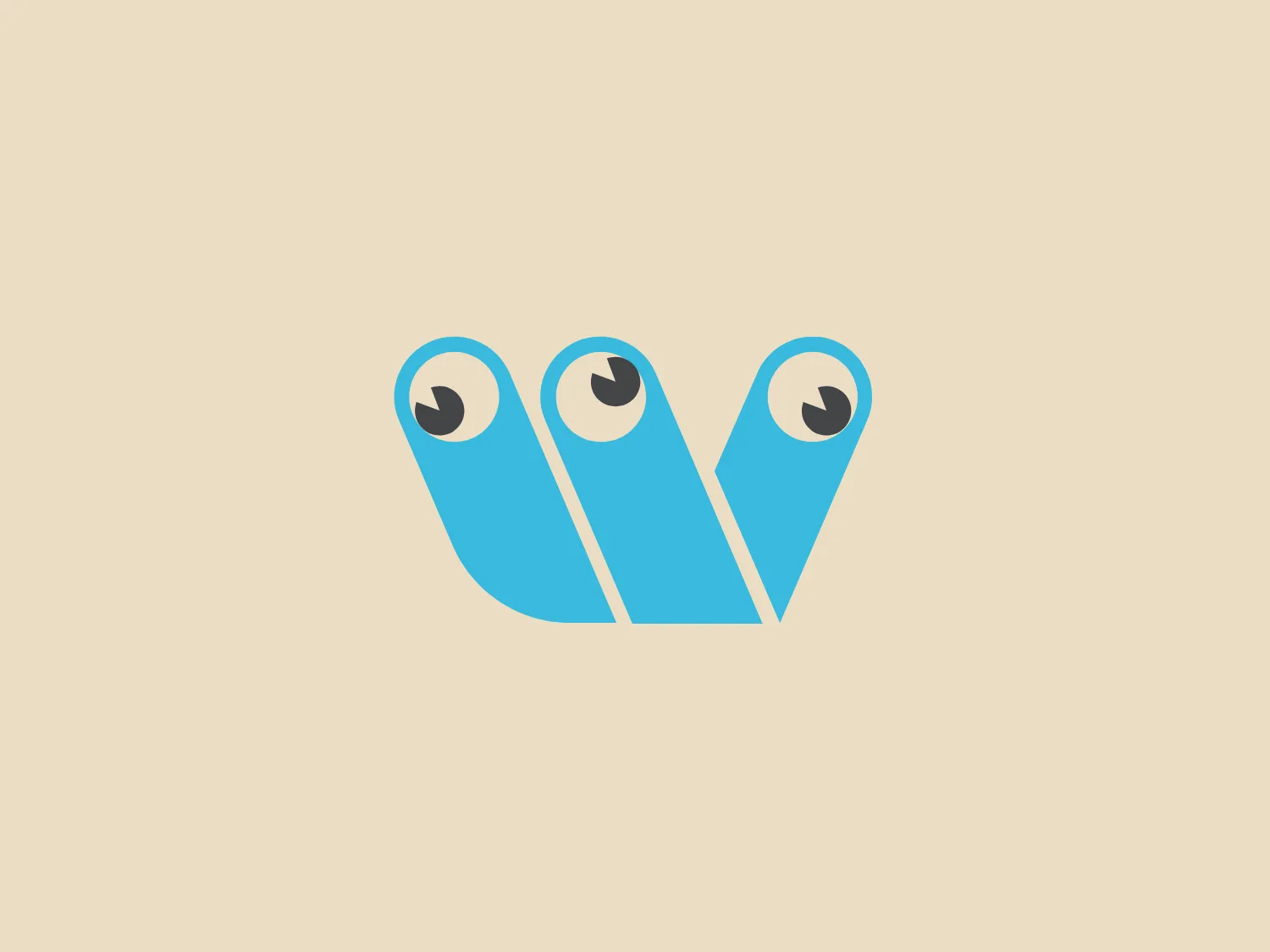 The WildBrain logo features three stylized, abstract figures in various shades of blue, resembling a trio of birds or perhaps aquatic creatures, positioned side by side with their body shapes converging at the base. The figures have a minimalist look, with a smooth, rounded top edge that tapers down to a point. Each figure also contains a simple, circular black eye, adding a touch of character and life to the design. The shapes are devoid of intricate details, favoring a clean and modern aesthetic. Considering the cool blue tones, a soft, contrasting background color would complement the logo without overpowering it.
