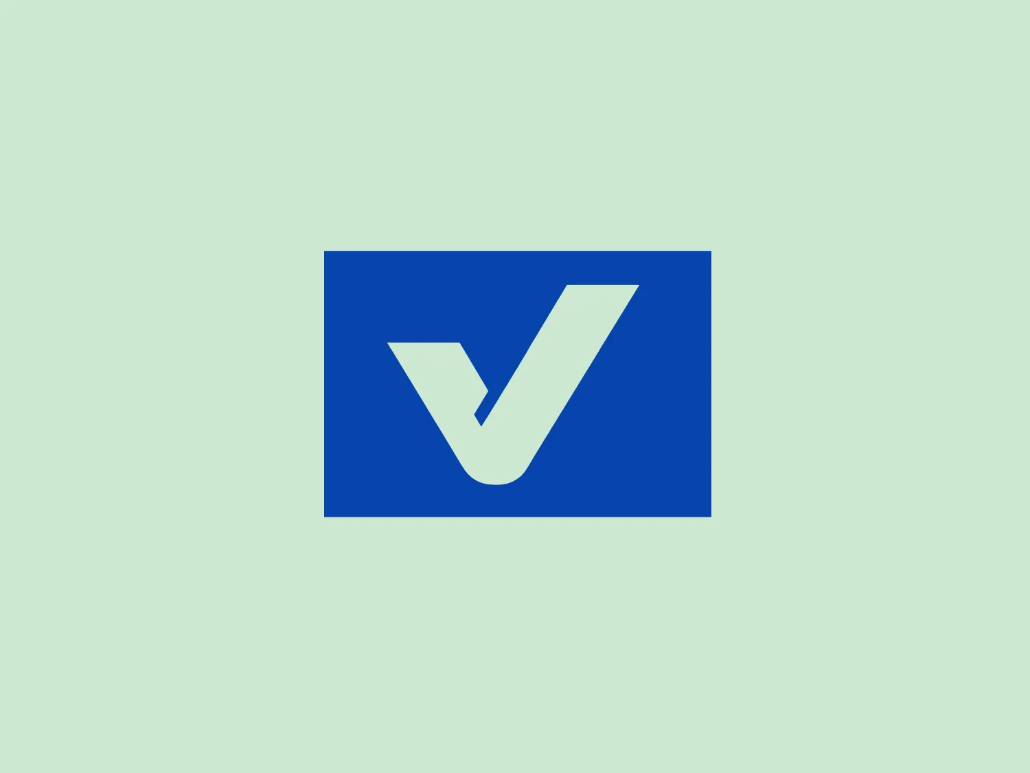 The Vinçotte logo features a bold, white checkmark centered on a bright blue rectangular background. The check mark has a thick width and is slightly skewed to the right, suggesting movement or progress. The blue rectangle has a standard aspect ratio with sharp corners, offering a stable and balanced frame for the checkmark. The color contrast between the white and blue is stark, making the checkmark stand out prominently. The overall design aesthetic is minimalist, modern, and conveys a sense of positivity and confirmation.