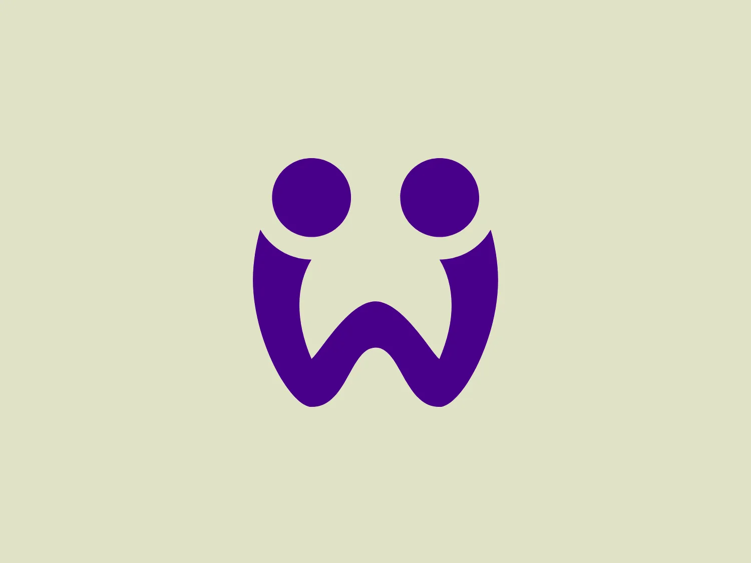 The Wooga logo features a stylized design with two large purple circles situated above a curved, symmetrical purple shape that resembles a letter "W" with rounded edges. The overall design is simplistic and modern, with the use of clean lines and a minimalistic approach that gives it a playful yet professional look. The purple hue is vibrant and bold, which allows the Wooga logo to stand out. It lacks additional embellishments, adhering to a more contemporary, flat design aesthetic.