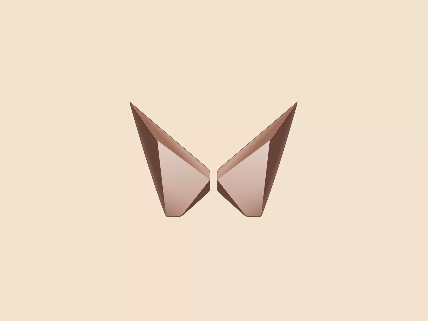 The Mahindra XUV400 logo depicts a symmetrical, minimalist design of a pair of stylized wings or leaves meeting in the center, forming a mirror image. The wings feature a gradient of shades transitioning from a darker coffee color to a lighter beige hue. The logo has subtle highlights and shadow effects, creating a 3D appearance that suggests depth and play of light. The overall aesthetic is modern and sophisticated, with clean, sharp lines and a gradient effect conveying motion. A complementary background color is essential to enhance the warm tones of the logo.