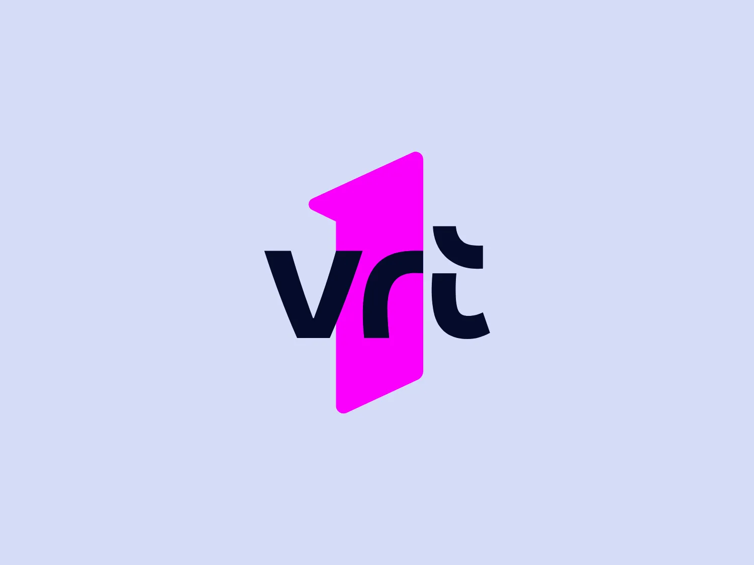 The logo for VRT 1 features a contemporary typographic design with an uppercase magenta 'V' overlaid with a navy blue lowercase 'rt'. The 'V' incorporates an arrow-like negative space, evoking progress, while the 'rt' is slightly tucked behind, creating a layered effect. The contrast between the sharp 'V' and rounded 'rt' adds to the modern and dynamic aesthetic of the overall design.