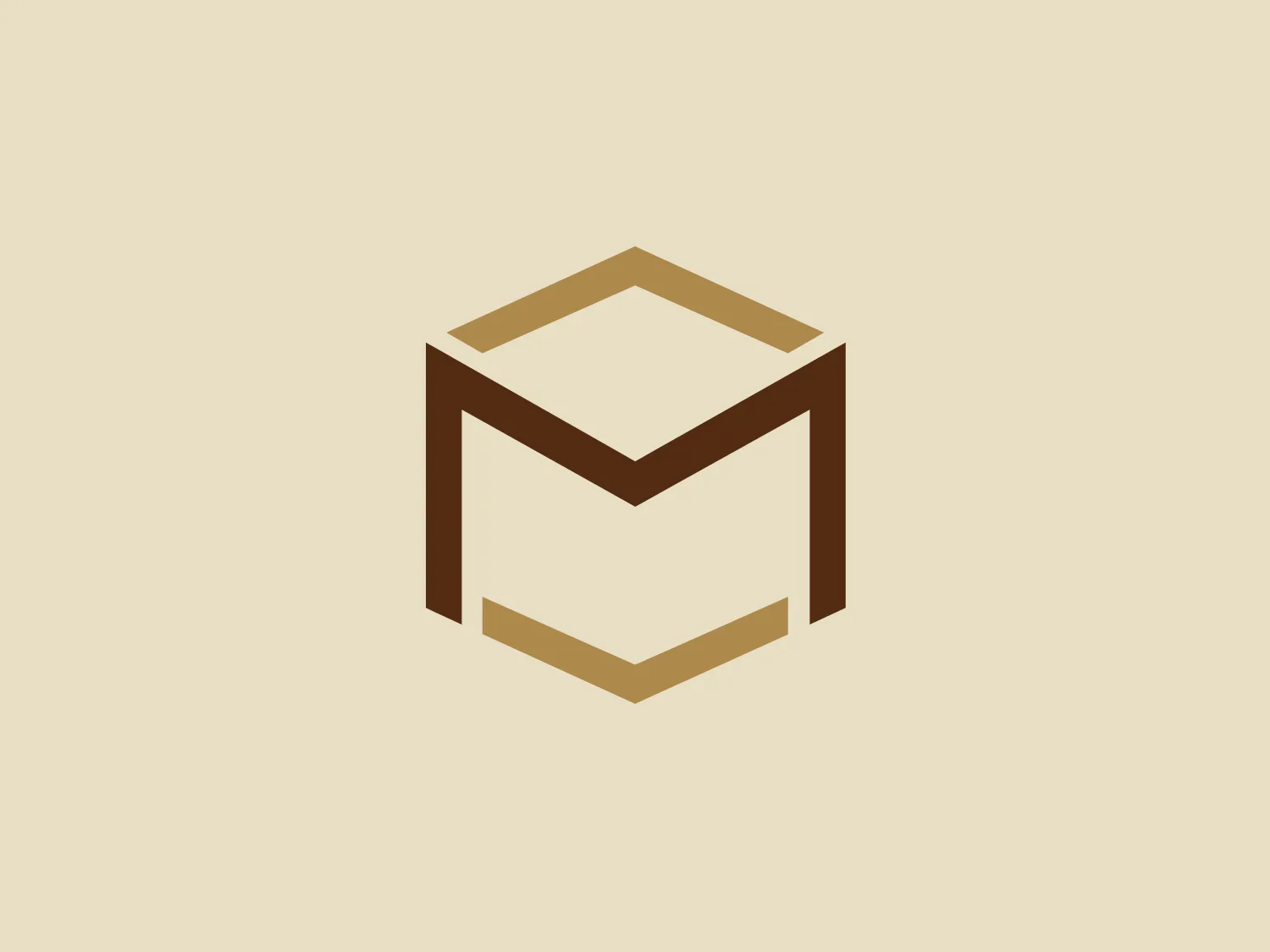 The EMT Packing logo is a stylized, geometric depiction of a three-dimensional cube or hexahedron-like shape. It utilizes a palette of brown and beige colors, with contrasting dark brown edges and lighter faces to create depth. The logo features thick outlines and a clean, modern aesthetic. It is minimalistic yet conveys solidity and structure, likely representing stability or reliability in the associated brand. Given the design and colors, a light and neutral background would complement it well.