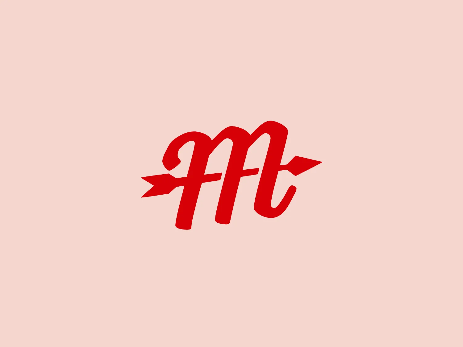 The Monomyth Coffee logo features a stylized, cursive lowercase "m" in a bold, red color with a smooth, flowing design that conveys a sense of dynamism and creativity. The "m" is accentuated by a diagonal line passing through it from bottom left to top right, reminiscent of a slash or a zestful swash, adding to the logo's energy. This line is tapered to a point at both ends, giving the illusion of a swiftly drawn element, which contrasts with the thickness of the "m." Its simplicity and vibrant hue make it stand out and versatile. The design emits a youthful and modern vibe, suitable for a brand looking to convey passion, speed, or innovation.