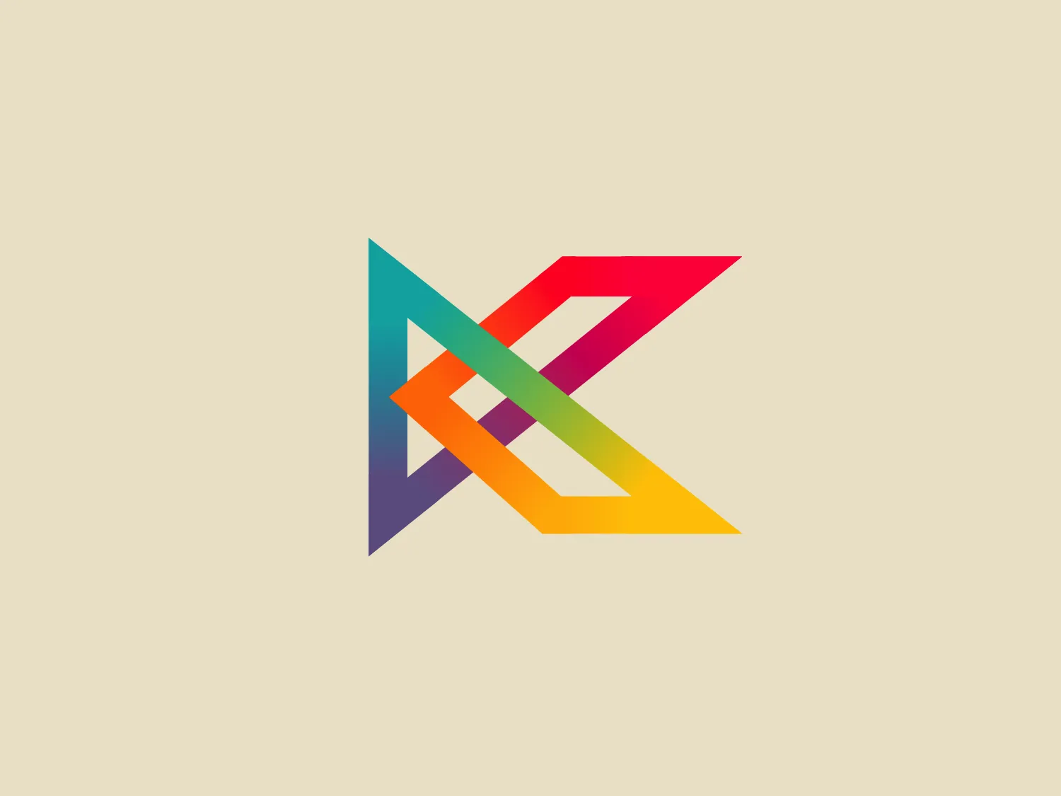 The Kinaaz logo features an abstract, geometric design that consists of a stylized letter 'K' formed by interlocking shapes with sharp angles and straight lines. The design has a dynamic, three-dimensional look, achieved through the use of gradient colors ranging from teal to pink on the top portion, and purple to yellow on the bottom part, creating an effect of depth. The overall aesthetic is modern and bold, with a sense of movement and transformation suggested by the overlapping shapes and vibrant colors. The logo has a youthful and energetic feel, suitable for a brand looking to convey innovation or creativity.