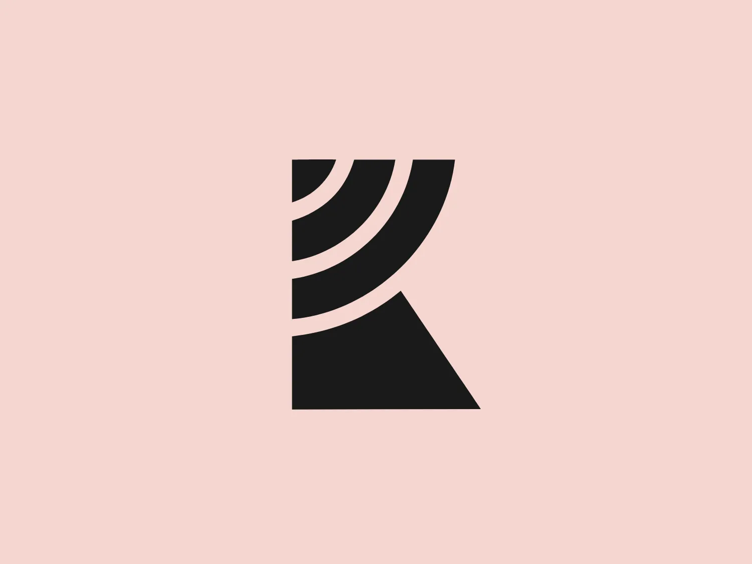 The Radio Katowice logo features a stylized red "R" composed of geometric shapes. It uses a series of bold, parallel curves that converge at a sharp point at the bottom left, implying motion and dynamic energy. There's a balance between the curves' thickness and the negative space which creates a modern and clean look, typical of contemporary branding aesthetics. The solid red color (#FF0000) suggests confidence and draws the eye.