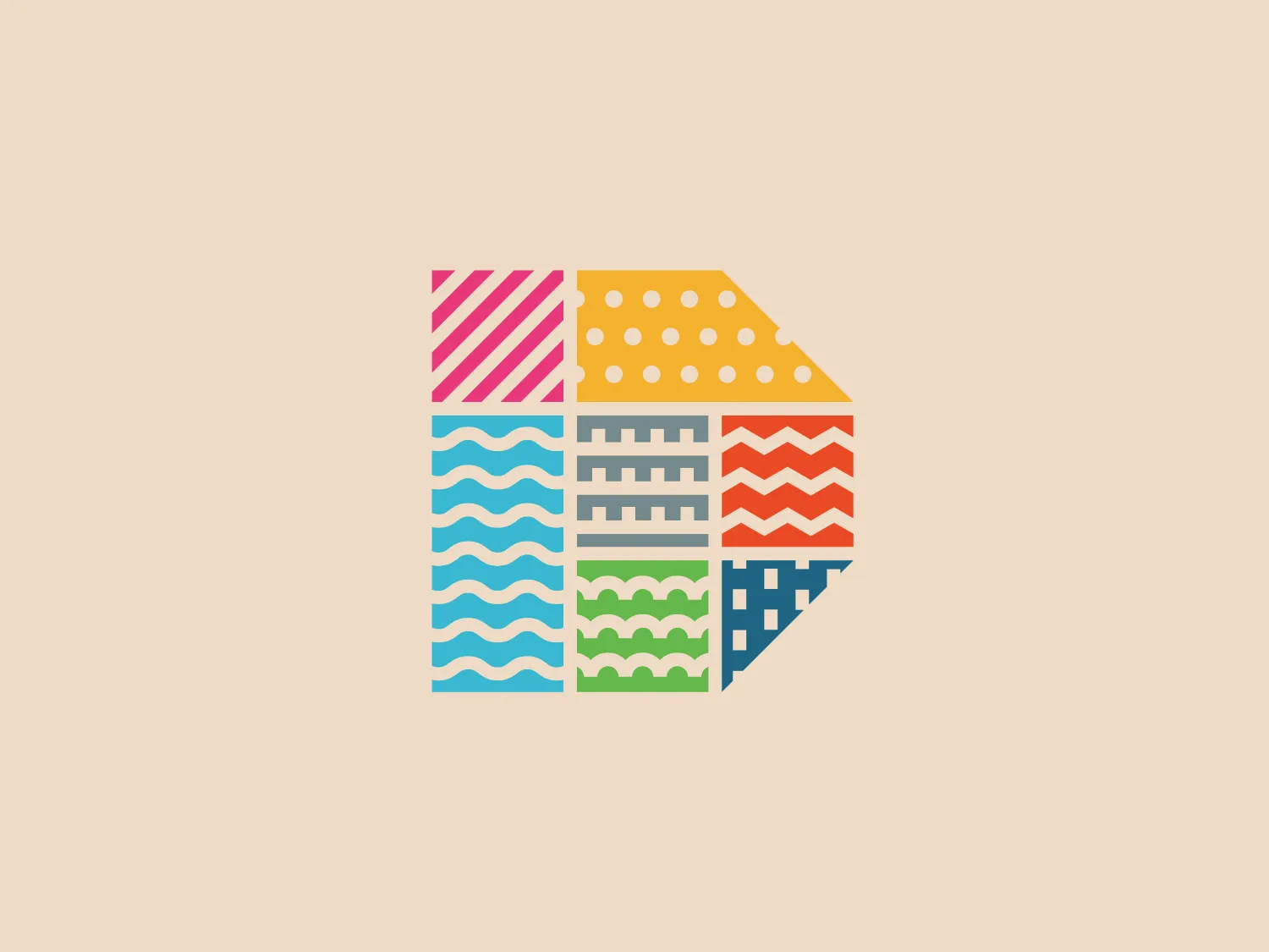 The Daugavpils logo is a stylized, modern, and dynamic geometric figure resembling a hexagon constructed from various smaller shapes. It is a colorful mosaic of patterns and vibrant colors, including pink, yellow, orange, shades of blue, green, and gray. Each shape within the hexagon contains a different pattern such as stripes, dots, waves, and zigzags, suggesting diversity or variety. Given the diversity of colors in the logo, a neutral but warm background would complement it well.
