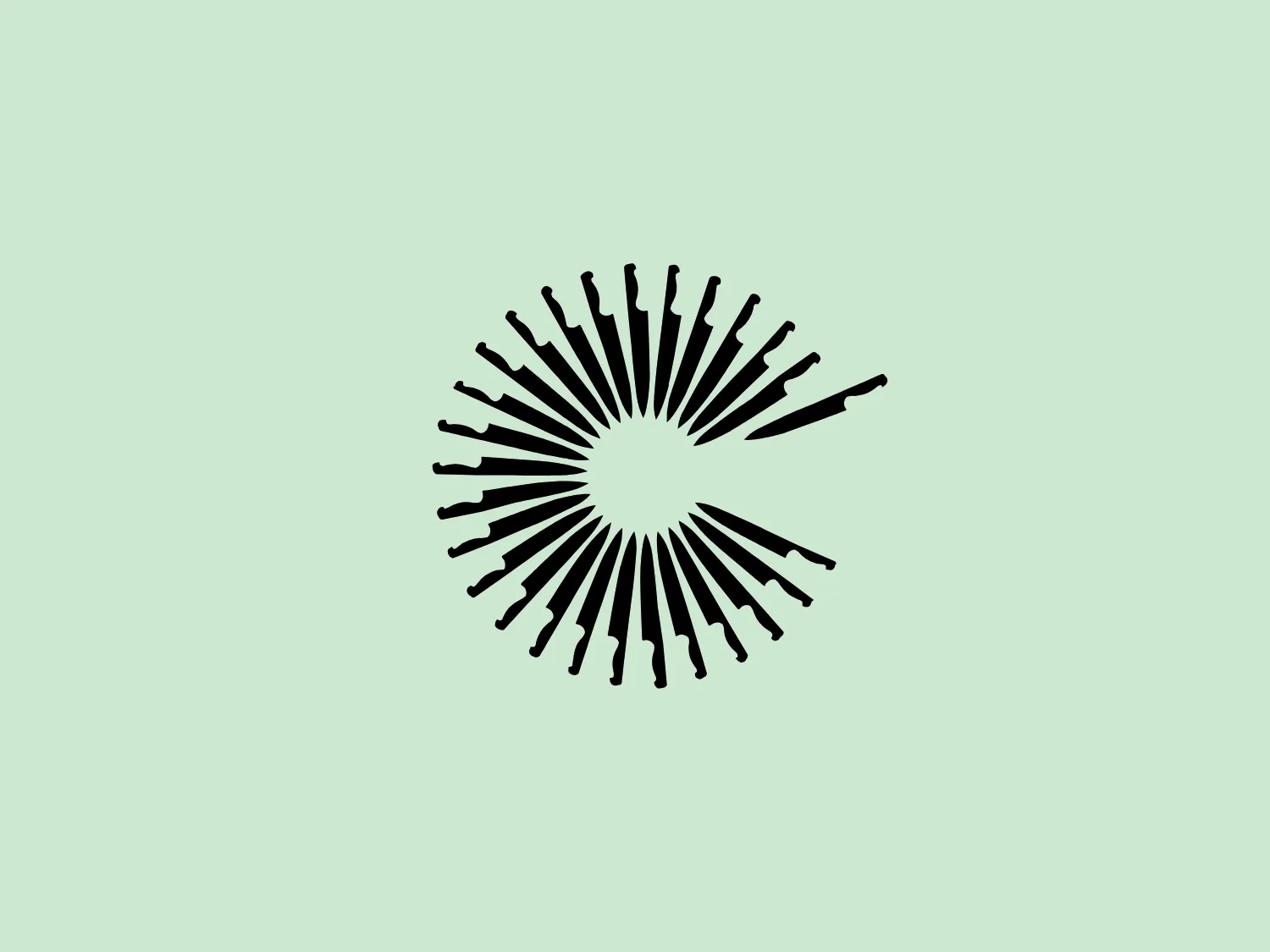 The logo for Great British Chefs features a radial design consisting of multiple black lines with varying lengths emanating from a central point, creating a dynamic circular pattern resembling a burst or explosion. The lines are topped with rounded elements that suggest connectivity or community. The overall aesthetic is modern, energetic, and highly stylized. It uses stark contrast with the solid black elements against a white background, which imparts a strong visual impact.