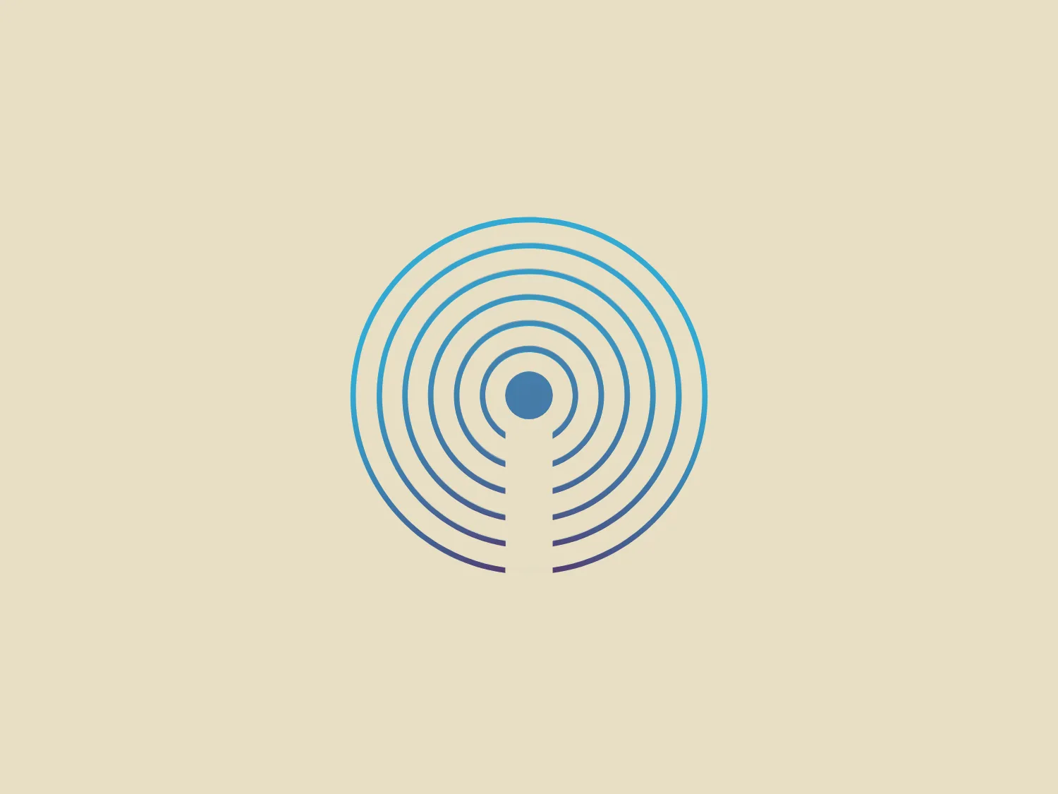 The iBeacon logo features a series of concentric circles with a gradient that shifts from a teal blue at the outer rings to a gentle purple at the innermost ring, emanating from a centered dot resembling an epicenter or broadcast point. The lines are equidistant, creating a sense of radiating energy or signal transmission. The aesthetic is minimalistic, modern, and clean, with a soothing color palette that feels both techy and approachable. There is an elegance in its simplicity that would likely stand out against a light and neutral background without overpowering the design's subtleties.