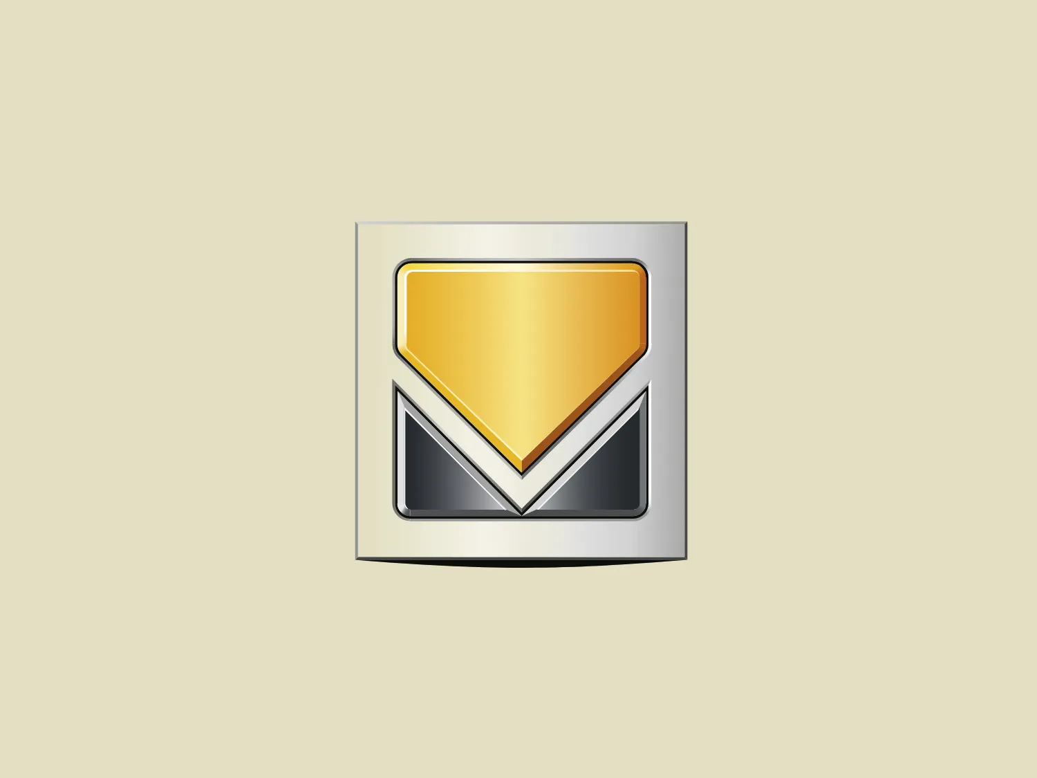 The Vimar logo features a stylized, metallic shield composed of a golden upper portion and a dark gray, almost black lower portion, enclosed within a silver frame. The shield has a sharp, angular design with a pronounced point at the bottom, encapsulated by a bold chrome outline that accentuates the 3D effect. The color gradient on the golden section suggests a glossy, reflective surface, while the dark gray bottom contrasts sharply, providing a visual anchor. Overall, the Vimar logo conveys a sense of strength, protection, and high value, with a modern and sleek aesthetic.
