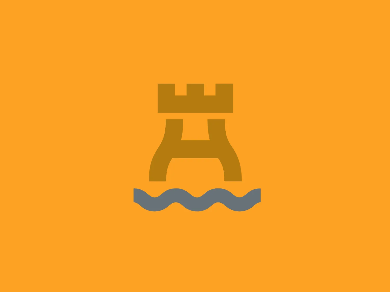 The logo for Ajuntament d'Eivissa features a stylized, bold icon in a warm mustard yellow (#FFB02E) resembling a fortress or castle tower. It is accompanied by a moat or water feature represented by a wavy line in medium grey (#A7A9AC). The design aesthetic is simple and modern with flat colors and clean lines, conveying a sense of security or defense. The wave element adds a dynamic aspect to the otherwise static image.