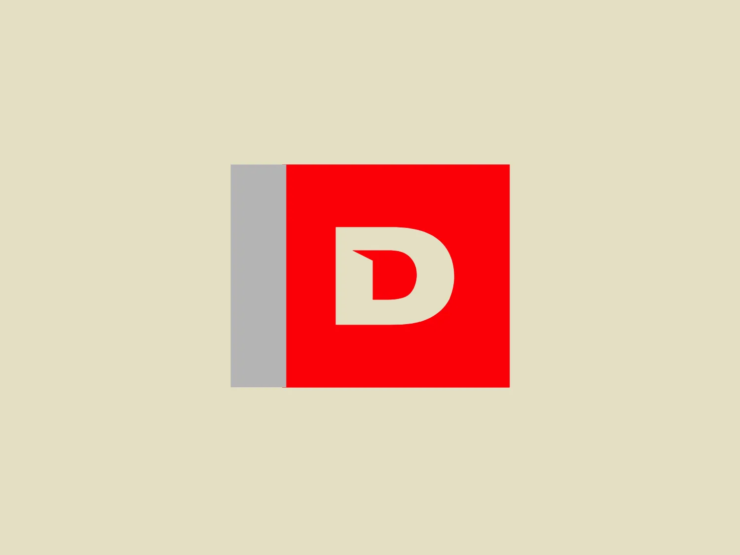 The image showcases a bold and modern logo design featuring a red square with a large, white, sans-serif letter "D" centered within it. On the left-hand side of the square, there is a vertical grey band that adds contrast to the design, giving it a balanced and professional look. The use of the red color evokes energy and passion, while the white letter offers clarity and focus. The grey strip provides a neutral accent that complements the more vibrant red. The overall design aesthetic is clean, simple, and direct, with a strong visual impact suggesting confidence and stability for Derbi.