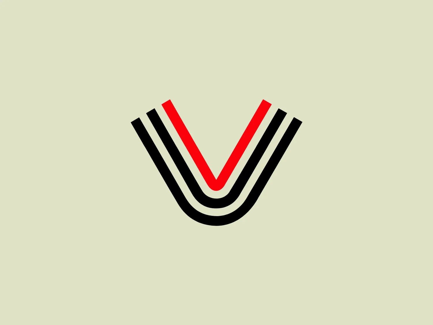 The Logo for Vibrodyne is a stylized letter "V" comprised of five lines with varying thickness. The color scheme features a bold black for the outer lines, a striking red for the central line, and white spaces in between. This minimalistic yet powerful design has a clean, modern aesthetic with the use of geometric shapes and sharp angles, emphasizing strength and stability. The red accent in the middle draws the eye and could represent passion, energy, or a core value of the brand. Its simplicity makes it adaptable for various applications while maintaining distinct visual impact.