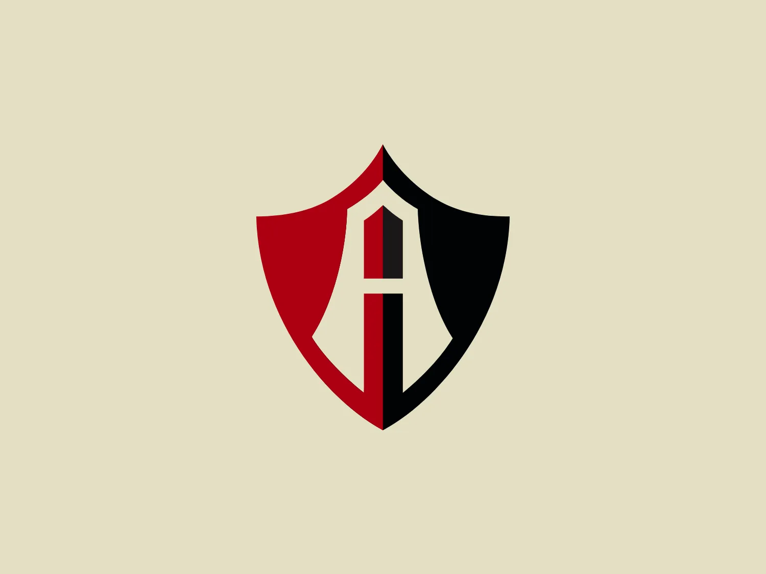 The shield-shaped logo for Atlas FC features a distinct diagonal split with contrasting red and black colors. At the center, a bold white 'A' is displayed with a unique design element that integrates it into the logo, lending a modern and dynamic feel. The design conveys strength and protection, suitable for the brand's positioning in industries such as security, technology, or sports. The sharp and polished aesthetic, along with its clean lines and solid colors, ensures prominence, especially against a subtle background.