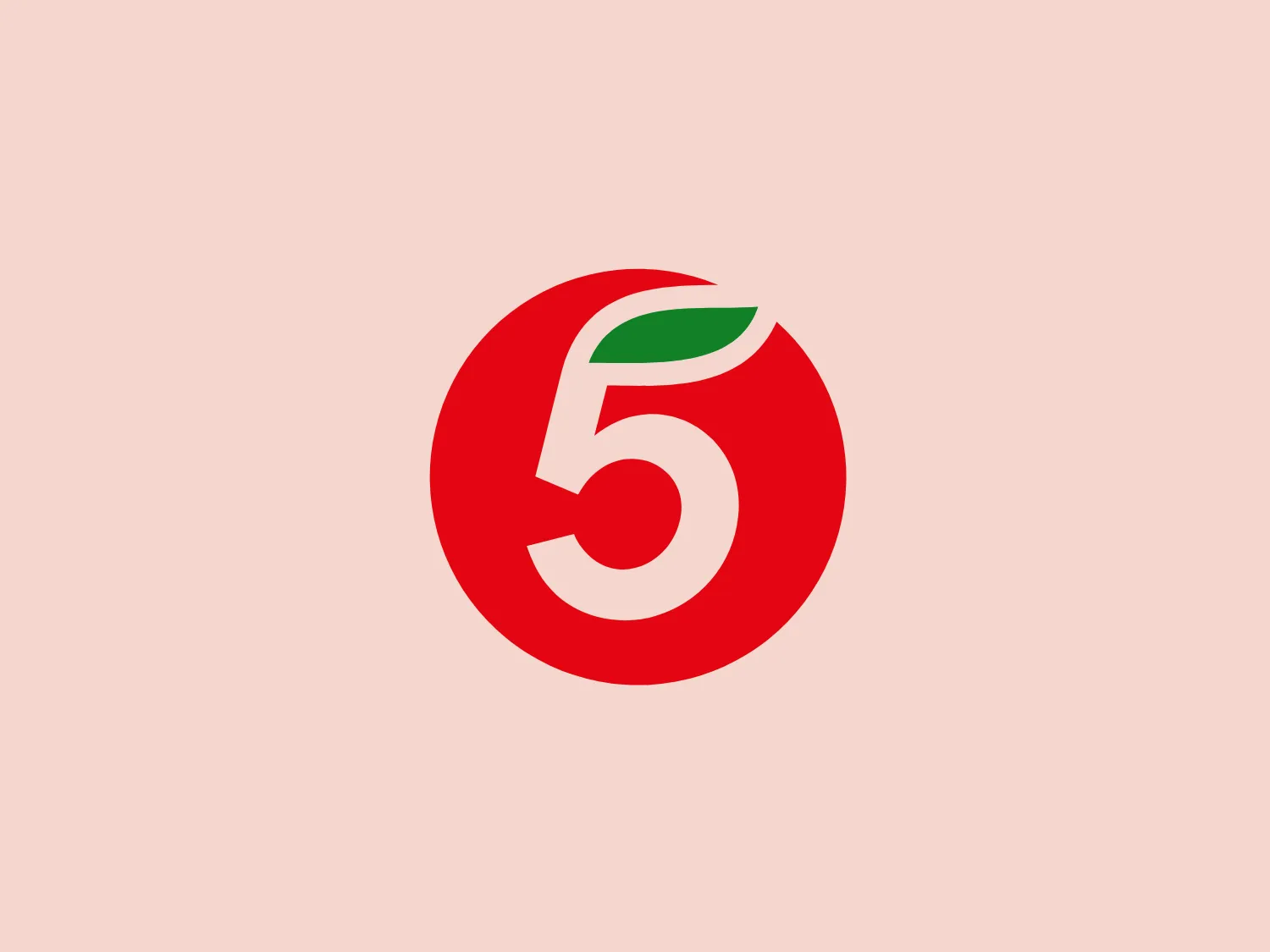 The Pyaterochka logo features a stylized number 5 with a green leaf motif attached to its upper section, set against a red circular background. The design is modern and clean, utilizing simple shapes and bold colors, while the leaf adds a natural or eco-friendly element to the logo. The smooth curves suggest a sense of growth and dynamism.