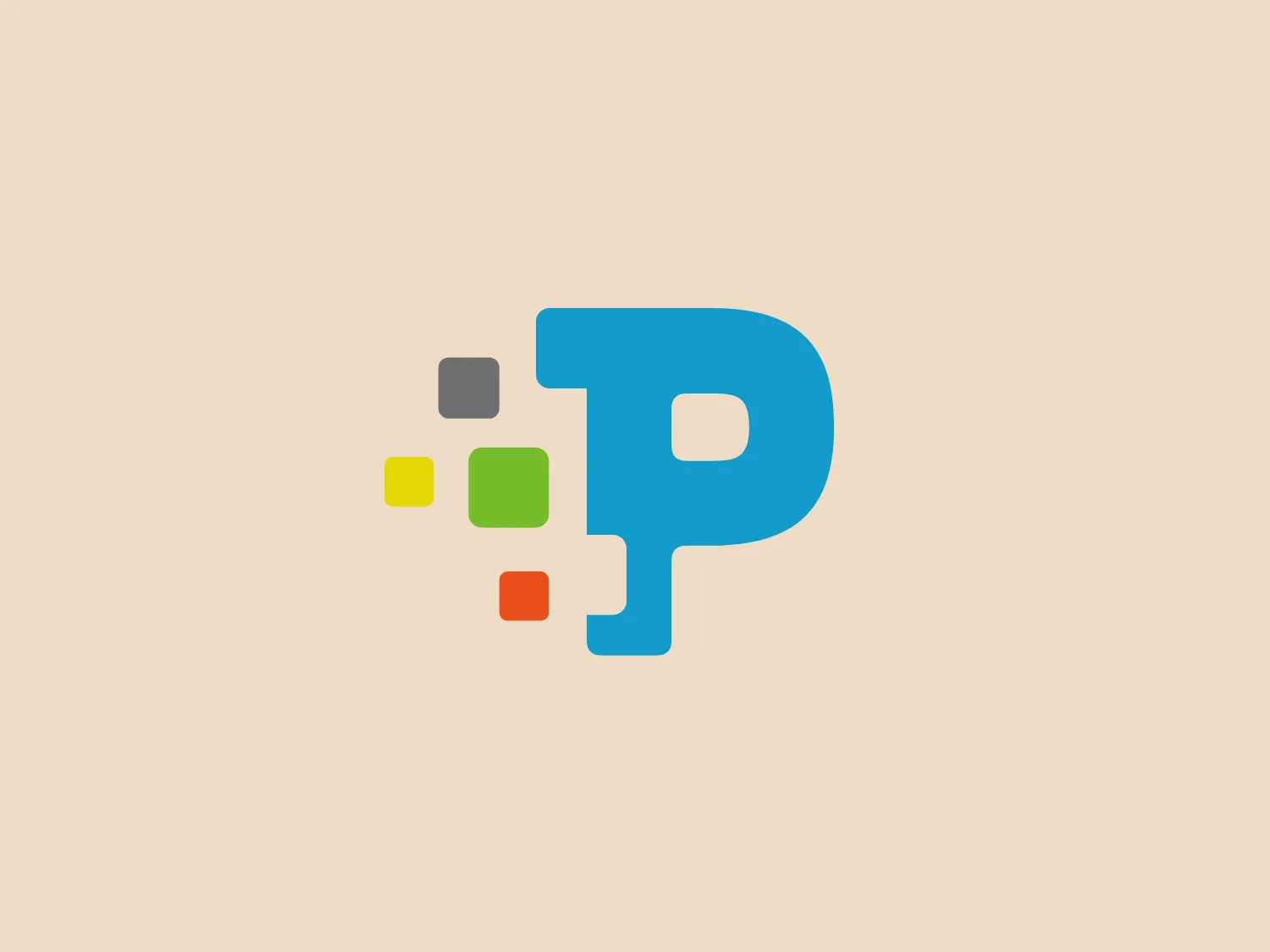 This logo features a bold, lowercase 'p' in a vibrant shade of turquoise. To the left of the 'p', there are five squares of varying sizes, creating a cascading effect from the upper right to the lower left. These squares are colored in shades of gray, lime green, olive green, orange, and dark green, starting from the top. The overall design is modern and playful, with a clean, sans-serif font and a flat graphic style. The squares give a sense of movement or digital pixelation, possibly hinting at technology or data. The Logo or equivalent is for Pixelpoems.