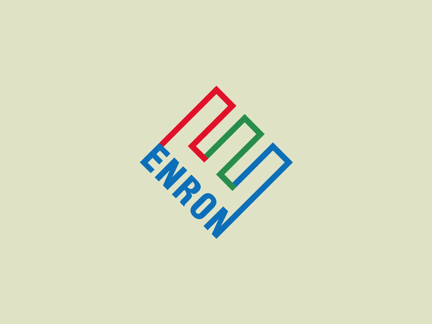 The Enron logo features capitalized, bold, sans-serif typeface with three square-like shapes tilted to resemble a diamond above the text. These shapes, outlined distinctly in red, green, and blue, form a connected abstract representation of the letter "E." The design exudes a modern and corporate aesthetic, while the tilt of the shapes imparts a sense of motion, suggesting innovation and energy. Clean lines and spacing establish a high level of readability and professionalism. A light, unobtrusive background with the hex code #E5E7D0 would be most suitable.