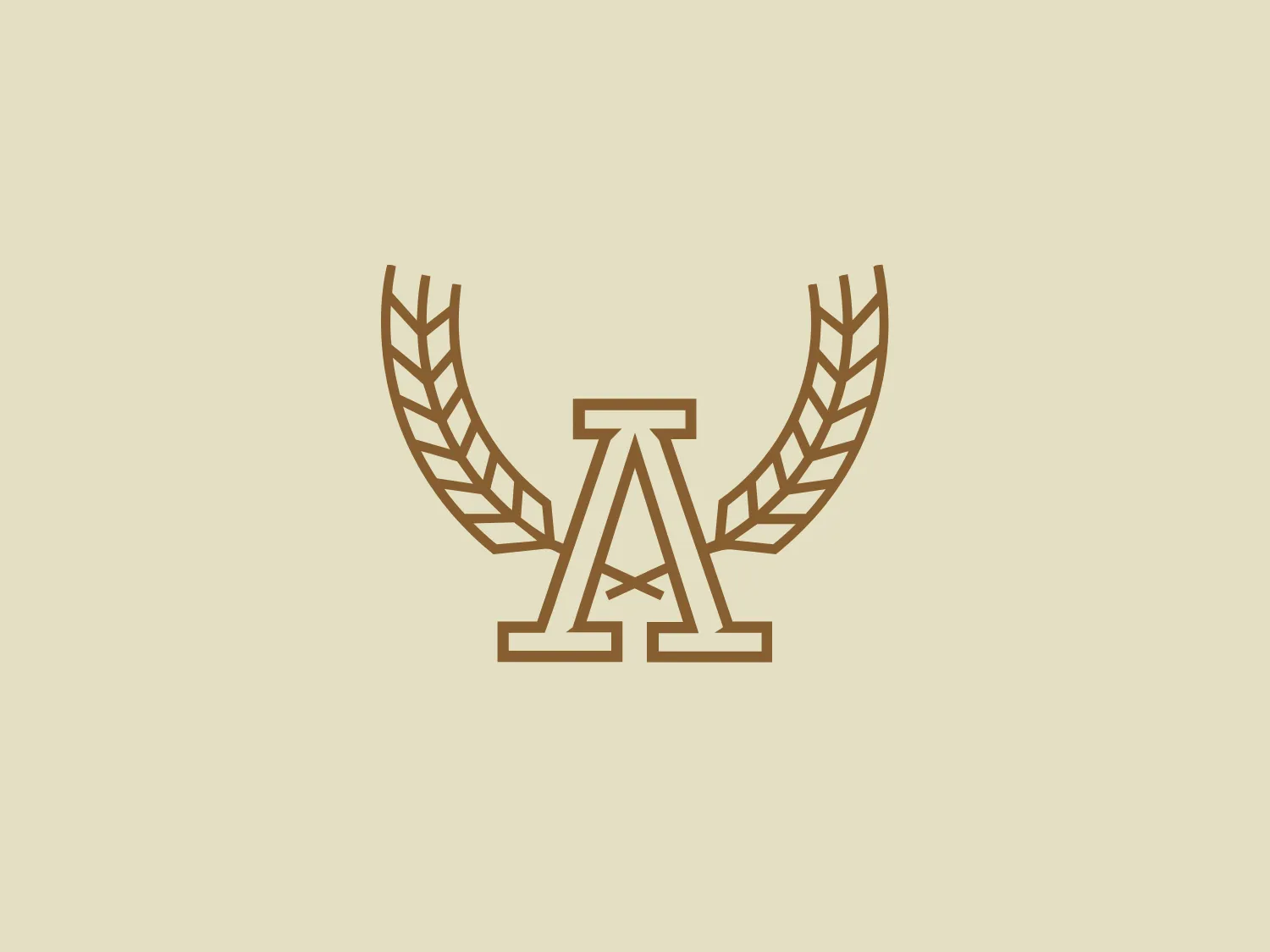 The Angelic Bakehouse logo showcases a stylized letter "A" in a bold, sans-serif font, complemented by symmetrical laurel branches that extend gracefully from either side of the letter's base. The color palette of muted gold exudes sophistication and prestige. The classical laurel branches convey a sense of victory or achievement, while the clean, modern aesthetic maintains a traditional nod. This intricate design showcases meticulous attention to detail, with each branch featuring individual leaves.