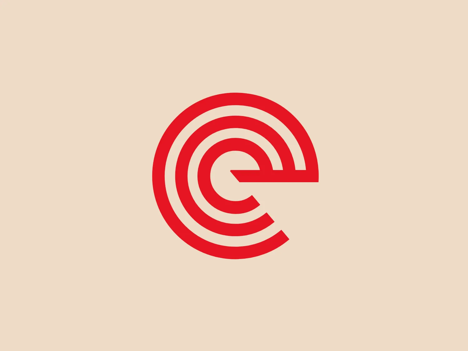 The eFood logo is a modern and minimalistic design featuring a stylized letter 'G' created from concentric arcs that taper towards the end. The use of negative space between the arcs adds to its dynamic appearance. The logo is a bright, solid red, conveying energy and assertiveness and could represent technology, movement, or precision-focused companies.