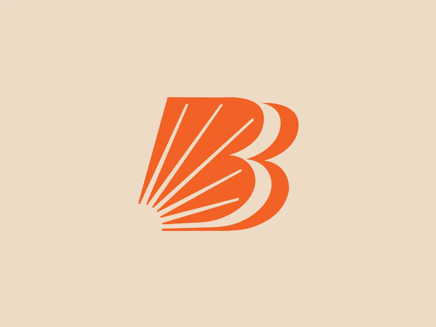 The image is a stylized logo that appears to represent the letter "B." The design consists of a bold, orange-colored main body with dynamic lines and curves, suggesting movement and energy. The logo has a modern and sleek aesthetic, with the lighter shades creating a gradient effect that adds depth to the design. The lines converge at the lower-left point of the "B," emphasizing speed and direction. This dynamic logo design would stand out nicely against a subtle and clean background.