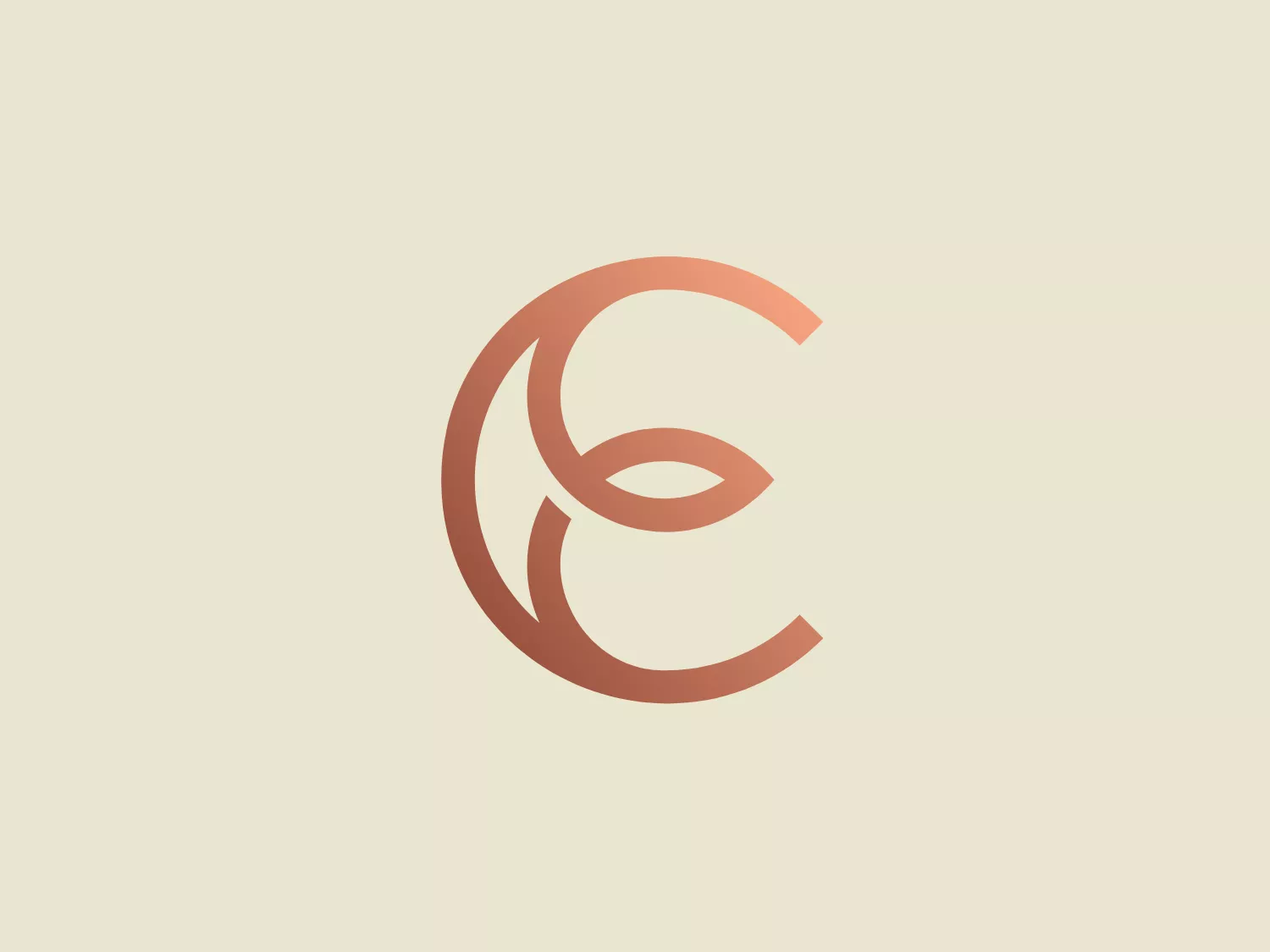 The Carvalho Empinotti logo features a stylized letter combined with an organic shape resembling a leaf or a brush stroke. It has a modern and minimalistic design with a gradient color that transitions from a lighter to a darker hue of copper or bronze. There is an interesting interplay within the negative space, giving the impression of motion or transformation. The sophisticated simplicity of the design suggests elegance and eco-friendliness, which could be well-suited for a brand emphasizing natural or upscale products.