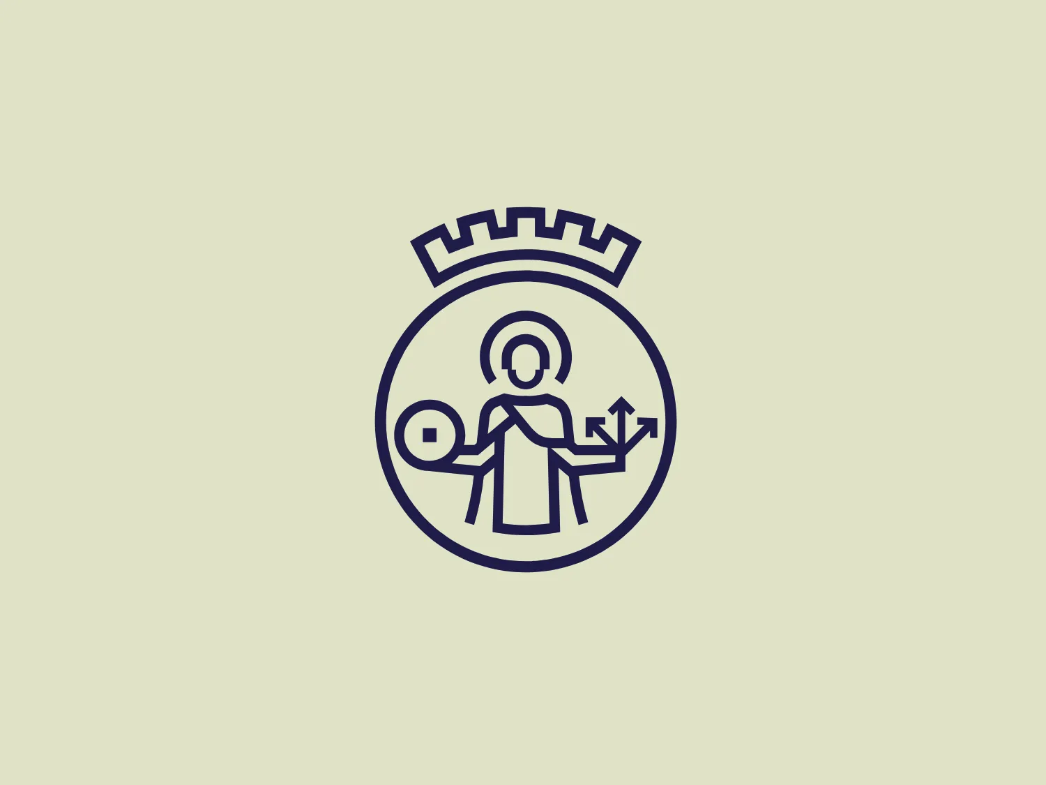 This elegant logo features a stylized, linear design with a circular motif. The primary element is a central figure reminiscent of a classic statue or queen, with a halo-like element behind the head, holding what appears to be a scepter and a shield, suggesting regality or protection. The figure is encased within a circle. Above the circle is a simple crown figure, implying a sense of royalty or superiority. The design is monochromatic, using a single shade of deep blue to create a clean, modern, and sophisticated feel. The linework is thin and precise, giving the Oslo logo a refined and high-end appearance.