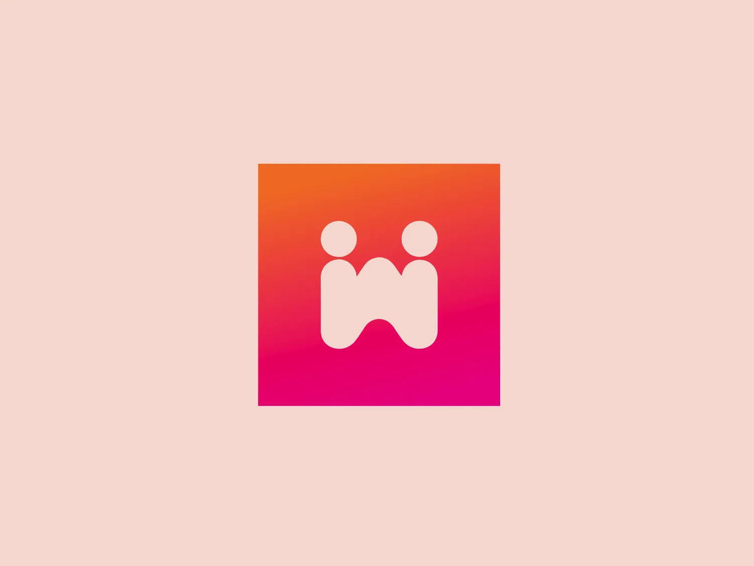 The logo for Werwee depicts a stylized representation of two humanoid figures within a square. The figures are abstract, consisting of smooth curves resembling a 'M' with rounded edges, indicating connectivity or interaction between them. The design is minimalist and modern, utilizing a gradient that transitions from warm pink at the top to a rich orange at the bottom. The overall aesthetic is friendly and approachable, suitable for a brand looking to convey community, partnership, or social interaction.