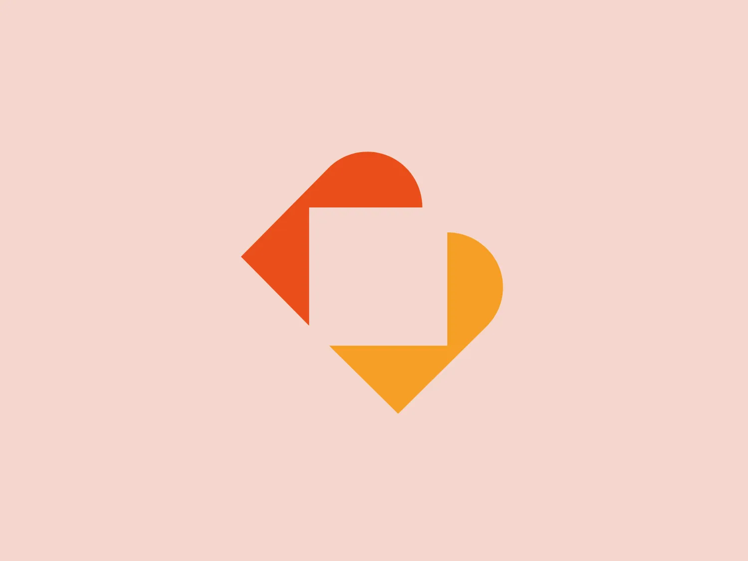 The logo features an abstract mark consisting of two arrows or chevrons, interlocking in a heart-like shape. The upper arrow is colored in a bright orange shade and points to the left, while the lower arrow is a warm yellow and points to the right. Their interlocking nature creates a central negative space that resembles a square. This combination of geometric shapes and warm colors evokes a sense of motion, connection, and dynamism. The aesthetic is modern and minimalistic, with the use of solid colors and clean lines emphasizing simplicity and impact.