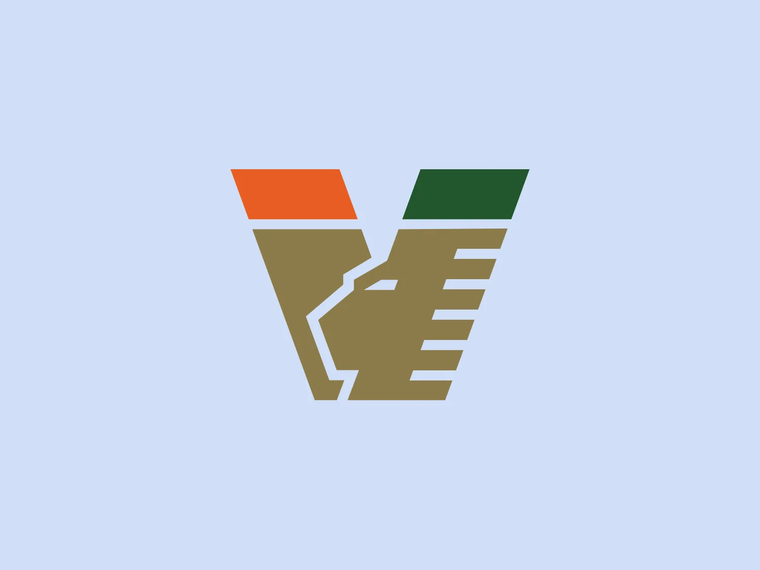 The Venezia FC logo features an abstract, geometric design consisting of three stylized elements that appear like angular letterforms or shapes, possibly indicative of a 'V' and 'F' merged together. The color palette is comprised of a muted orange (#C46200), an olive green (#587d35), and a taupe-like brown (#8d7249). Each colored section is bordered by thin lines, emphasizing the segmentation within the design. The aesthetic is modern, with a slight industrial feel, likely representing strength or stability. The overall appearance is sharp and structured, possibly suggesting precision or innovation.