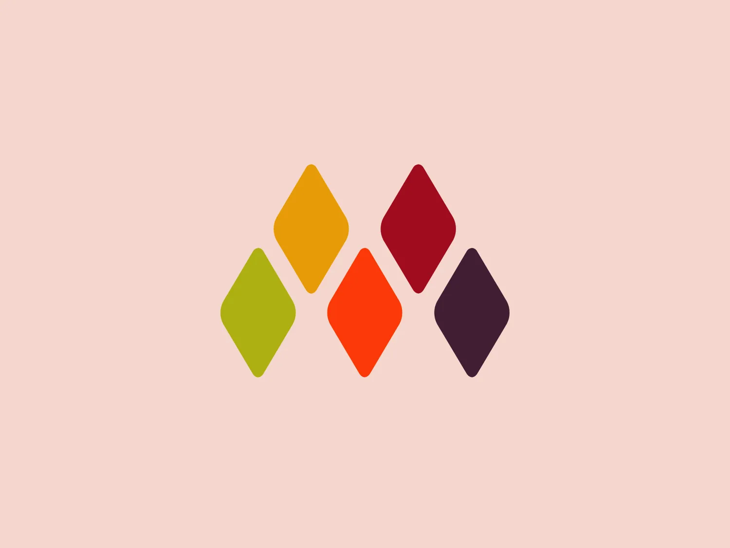 The Muntons logo consists of five diamond-shaped elements aligned diagonally, each tilted to the right by about 45 degrees. The diamonds are uniformly spaced, with the sequence of colors starting from the left: a light olive green, bright yellow, vivid orange, deep red, and ending with a dark purple. They form a gradient from lighter, warmer colors on the left to darker, cooler colors on the right. The shapes are flat with no gradients or shadow effects, contributing to a modern and clean design aesthetic. The solid colors and geometric arrangement convey a sense of order and vibrancy.