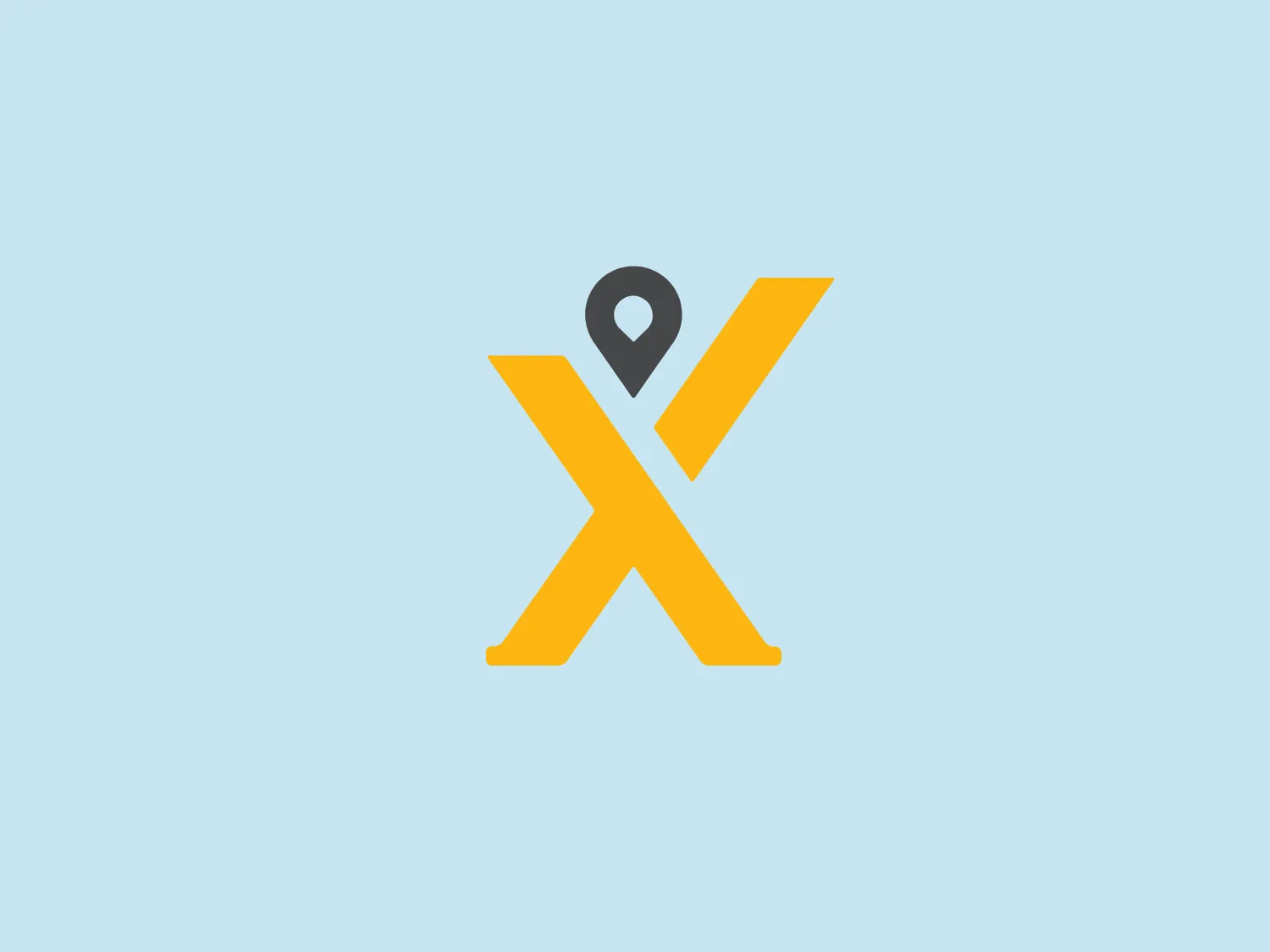 The Mytaxi logo features a bold, sans-serif stylized letter 'X' in a bright, sunny yellow color, representing energy, vibrancy, and innovation. At the intersection of the 'X', there's a grey location pin icon seamlessly integrated into the letterform, suggesting a connection to mapping and location services. The clean, flat graphic style gives it a contemporary and digital-friendly appearance, while the use of yellow allows it to stand out against a contrasting background.
