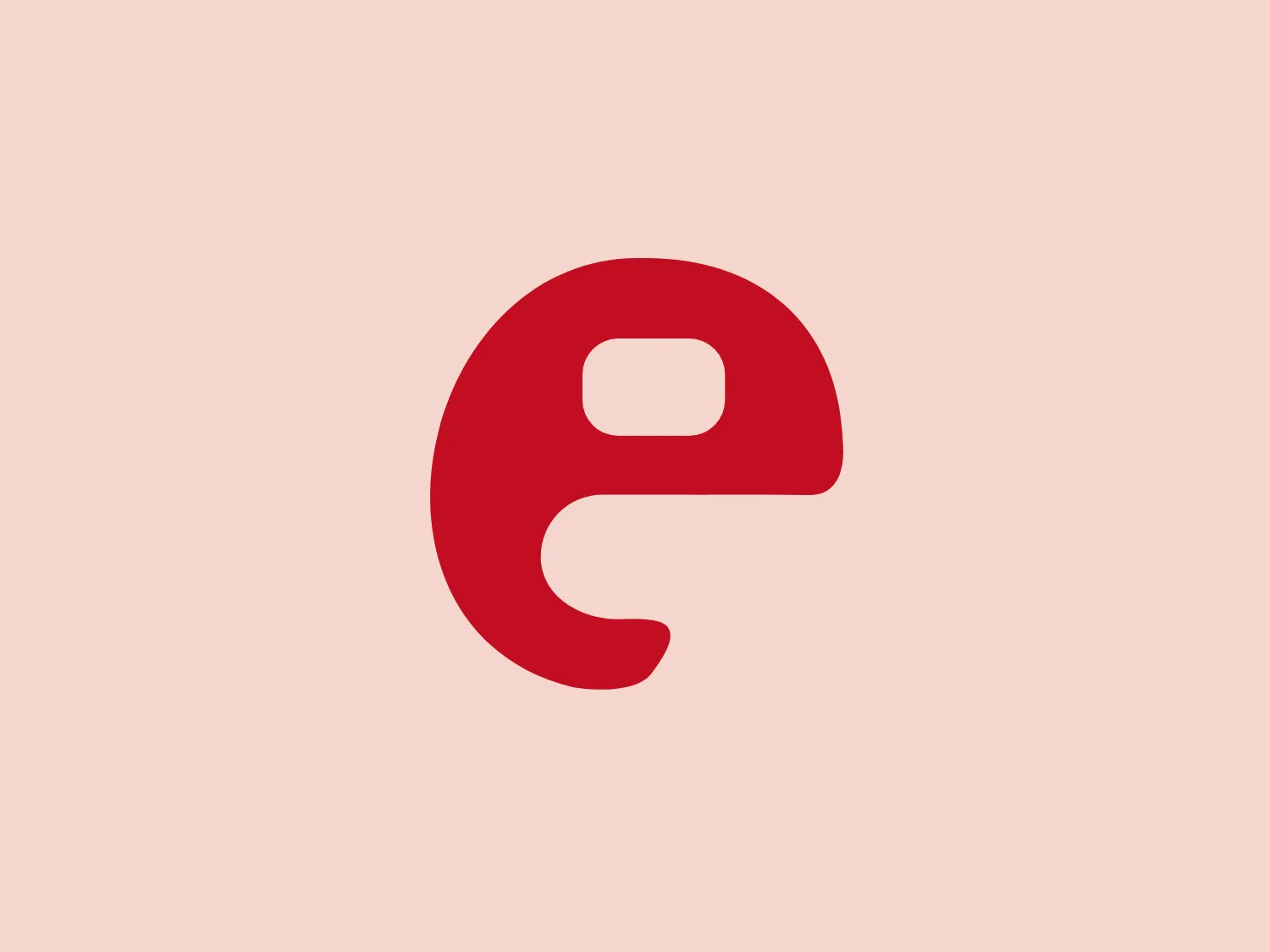 The image showcases a logo made of a simple, stylized letter "e" in a bold, sans-serif font for Exing B&amp;P. The "e" is colored a vibrant red, creating a striking contrast that suggests energy and passion. No additional elements clutter the design, giving it a clean, modern aesthetic. The character's form has a slight tilt or kinetic curve, imbuing the design with a sense of movement. Interesting features include the negative space within the "e" resembling a smaller "e" or an abstract shape, which adds depth to the otherwise flat design.
