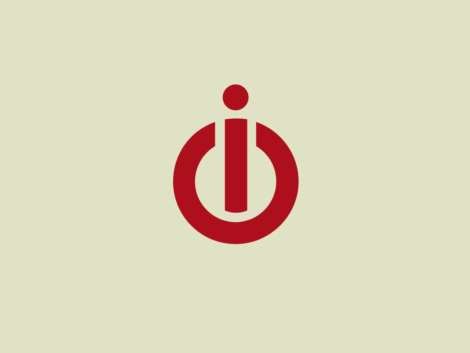 The image displays a logo comprising a bold red circle with a stylized white letter "i" at its center, which also incorporates a power symbol motif—a vertical line intersecting a circle. The design aesthetic is modern and minimalistic, using negative space effectively to create the dual imagery. The streamlined shapes and contrasting colors give the Iolo logo a striking and easily recognizable appearance.
