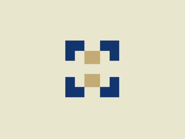 The Hasibat logo showcases a symmetrical, geometric design with four navy blue right-angled, L-shaped elements converging towards the center, complemented by a muted beige central square. The minimalist and modern aesthetic, featuring clean lines and block colors, conveys stability and professionalism, while the strategic use of negative space accentuates the organized, grid-like pattern.