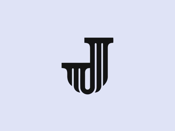 The Joshua B Clark logo features a stylized letterform that resembles the combination of a 'J' and a 'U', demonstrating a fluid connection between the two characters. The design is minimalistic, using a dark navy color (possibly #000000 for the logo itself) with strong vertical lines and a solid silhouette which subtly forms a cup at the bottom curve of the 'J'. The thickness of the lines varies, adding a dynamic quality to the design, and the serifs at the upper ends of the letterform hint at a classical or traditional influence. The simplicity and sophistication of the design would be complemented well by a subtle background color. Hexcode: #F2E2D0