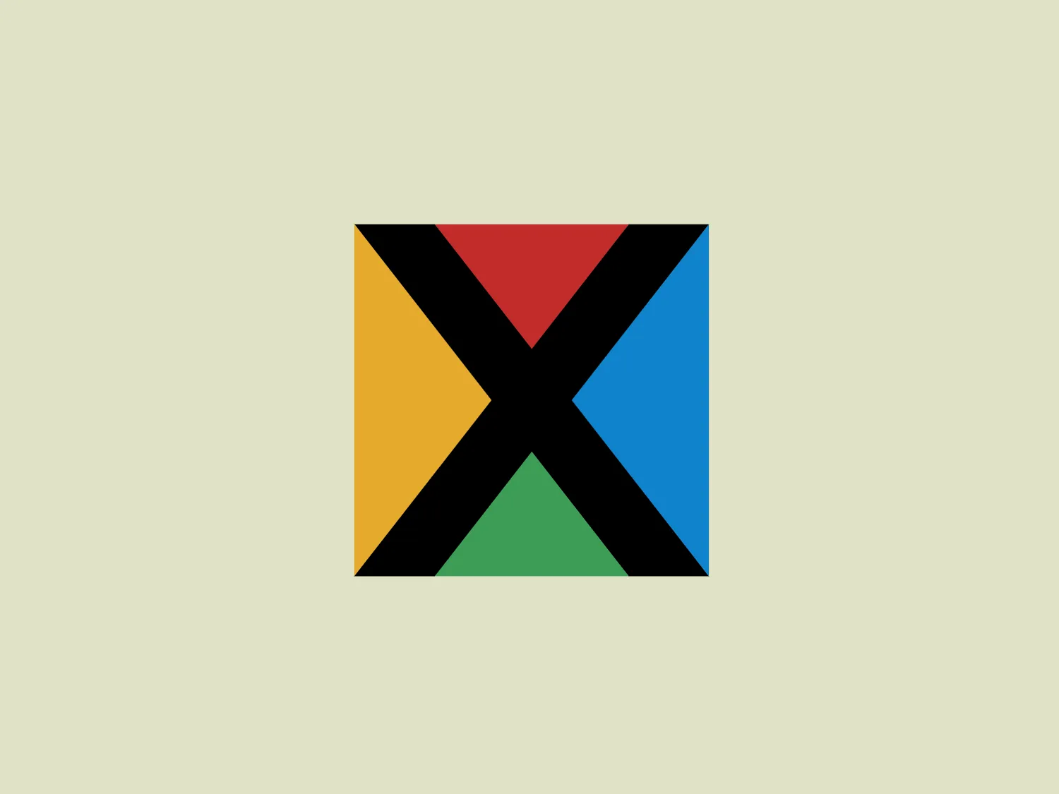 The Xwave logo displays a square divided into four smaller triangles by intersecting diagonals. Each triangle is filled with a solid color—red, yellow, green, and blue, moving clockwise from the top-left corner. The diagonals form a bold "X" shape, creating a modern and minimalist design. The use of primary colors gives the logo a strong visual impact, and the sharp interface of each triangle's color without blending contributes to its clean and geometric aesthetic.