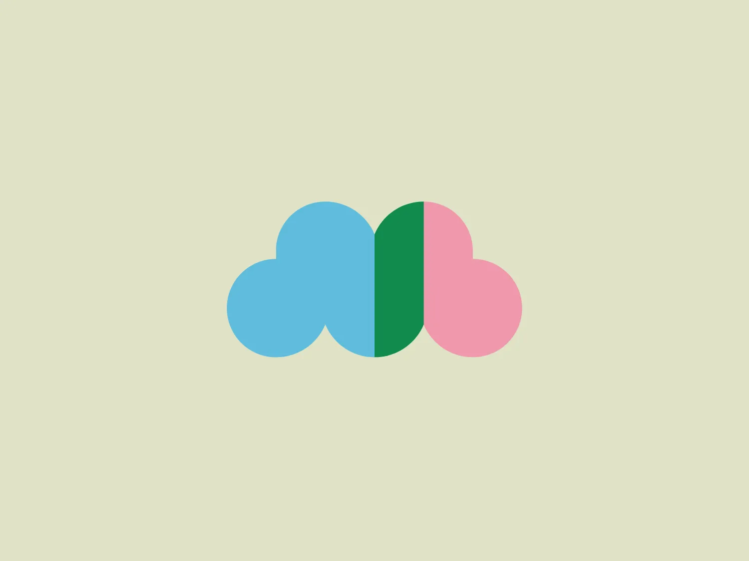 The Mosaert logo includes two overlapping cloud shapes with soft, rounded edges. The left cloud is a pastel blue, while the right is a gentle pink. Between them, a flat green vertical line appears where the clouds overlap, visually joining the two clouds and adding a splash of contrasting color. The design is minimalist with a playful, modern vibe, evoking a calm and positive feeling.