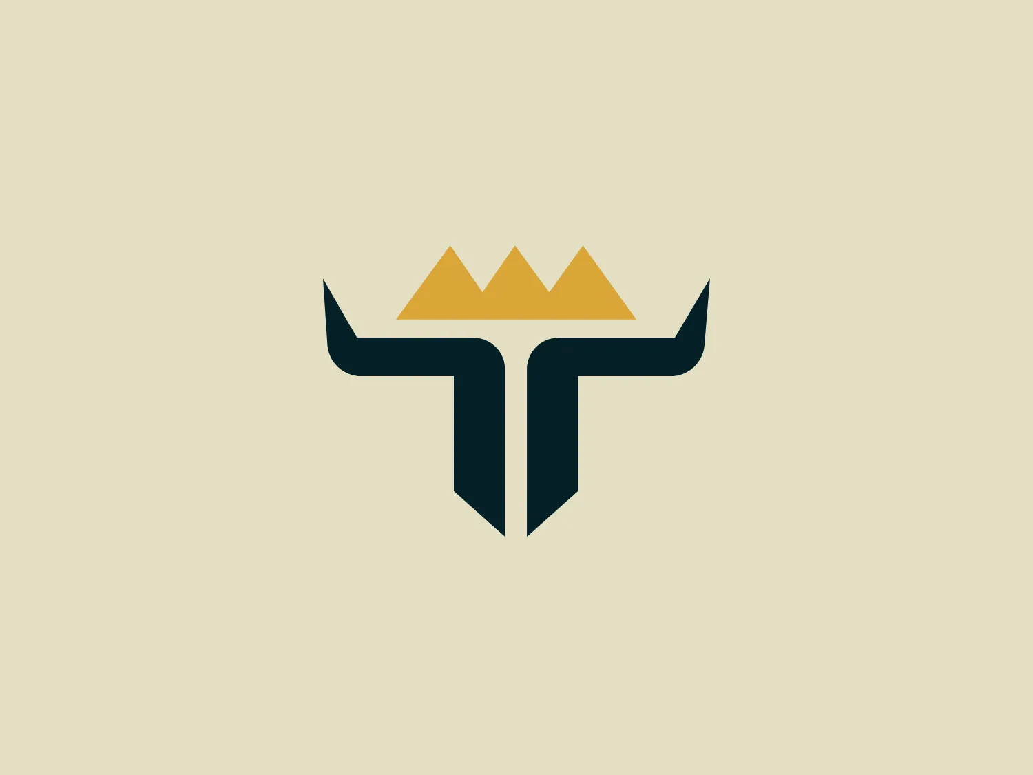 The Rey Toro logo presents a stylized emblem that combines mountain-like peaks with a shield or arrowhead shape at the base. The top portion consists of three connected peaks with the middle one slightly taller, colored in a gradient of golden to lighter gold hues, implying a metallic sheen. Below, the design transitions into a contrasting deep navy or black color, suggesting solidity and professionalism. The overall shape resembles an abstract letter "T" or a bull's horns, exuding strength and stability. The design features clean lines and sharp angles, promoting a modern and minimalist aesthetic.