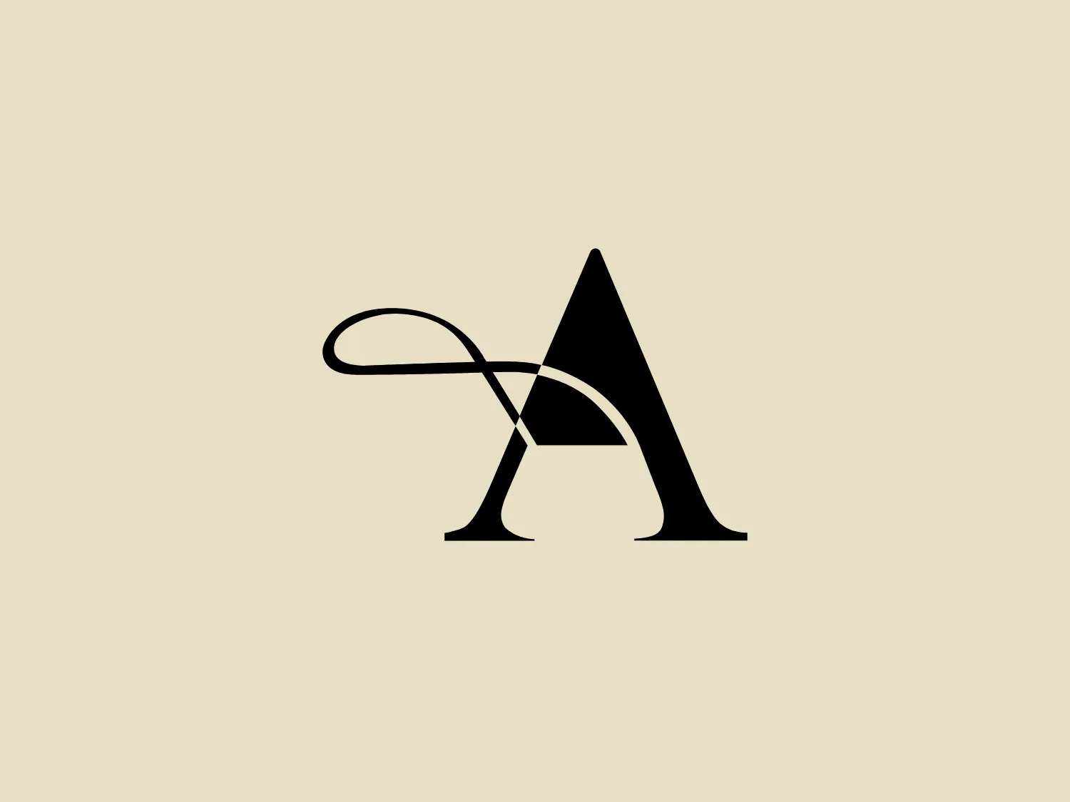 The Alex Schrijvers logo features a stylized letter 'A' in black with a modern and minimalist design. The letter is composed of two primary shapes: a solid triangle forming the core of the 'A', and an elegant, flowing loop that begins as an extension of the letter's left leg and curves over the top, creating a dynamic and artistic feel. The intersection of the loop and the triangular shape creates an interesting negative space, adding to the logo's visual interest. For a background that complements this design, a neutral and soft color would enhance the logo's sophistication without overpowering it.