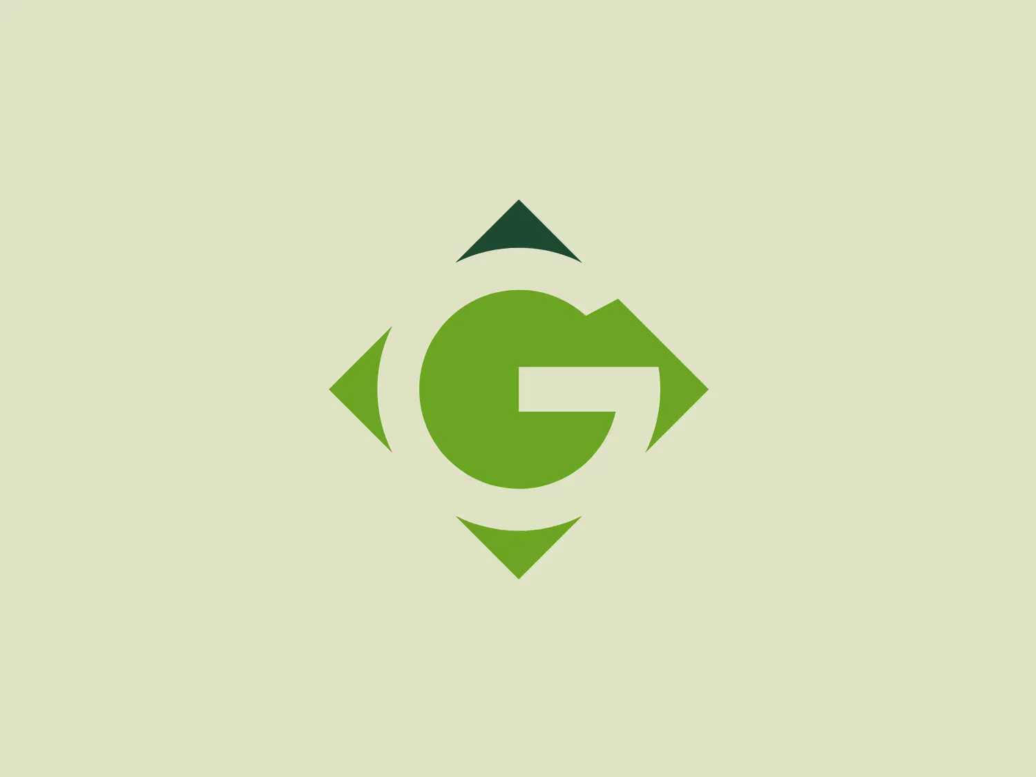 The City of Greenville NC logo features a bold, modern, sans-serif letter "G" in a dark shade of green. The "G" has a geometric cut on its lower right, suggesting forward motion. Surrounding the "G" are four green arrowhead shapes pointing outwards in the cardinal directions, creating a sense of dynamism and expansion. The design is simple, clean, and balanced, using negative space to enhance its professional appearance. The arrowheads taper slightly, lending a sharp and precise feel to the design.