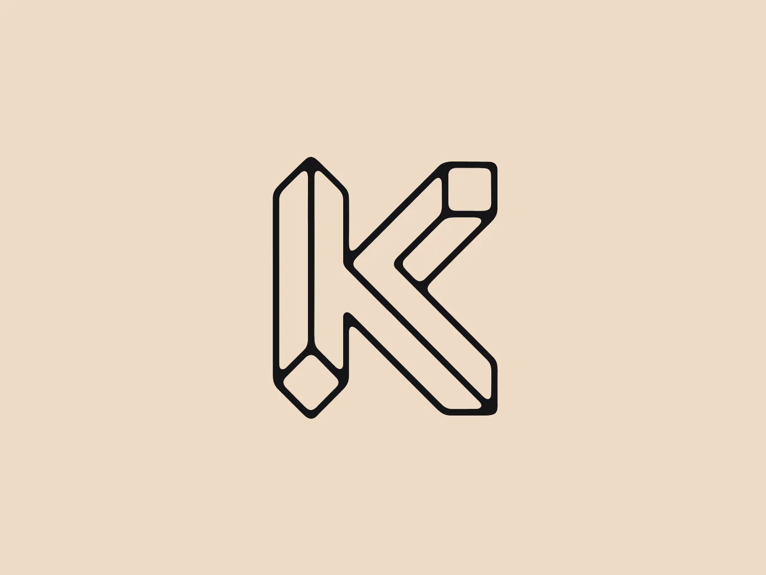 The KIOSK Budapest logo features a stylized letter "K," formed by geometric shapes that create a three-dimensional effect. Consisting of straight lines and angles, the design maintains a consistent line thickness. The elongated main body of the "K" and its asymmetric arms create a modern, clean aesthetic with sharp corners, free from embellishments. The monochromatic black and white color scheme adds a timeless and versatile quality to the logo.