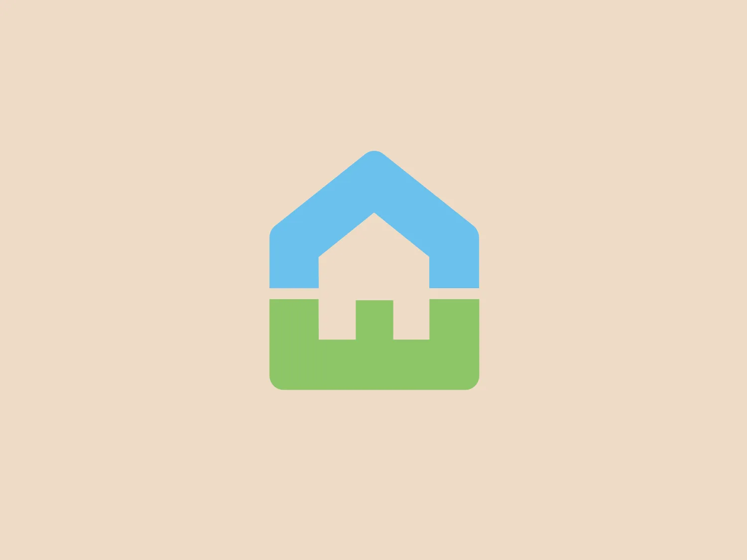 The logo from Eco Three consists of a stylized house shape with an upper blue triangle representing the roof and a lower green rectangle representing the walls. Inside the green rectangle, there's a white silhouette of a simplified house with a door in the center, creating a focal point with negative space. The overall design is minimalist and modern, using flat colors and geometric forms for easy recognition. The color contrast between the cool blue and fresh green creates a pleasant and inviting feeling suggestive of environmental friendliness or sustainable living.