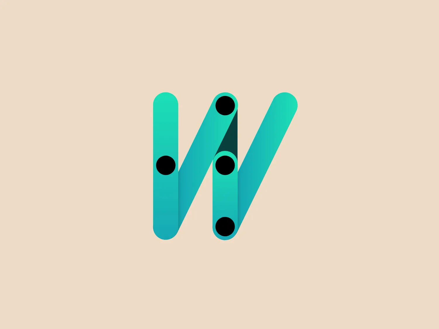 The Wayfindr logo is a stylized letter "N" composed of three-dimensional cylinders with rounded caps, featuring two shades of turquoise to create a sense of depth. Dark circles are strategically placed on the cylinders to mimic light reflections and enhance the 3D illusion. The minimalistic design conveys modernity and sleekness. With the turquoise color, a neutral and lightly tinted background would complement this logo well.