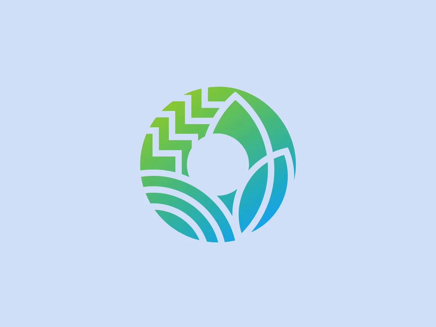 The Olson Landscapes logo is a contemporary, abstract design featuring stylized elements that come together to form a circular shape. It uses a gradient of cool colors, transitioning from teal to a light sea green, giving it a fresh and dynamic appearance. The design includes curved lines that represent motion and growth, with a white circle at the center creating a focal point for contrast and balance. The left side features geometric patterns resembling zigzags or lightning bolts, juxtaposing the organic curves to suggest energy or innovation. The sleek aesthetic of the logo could be associated with technology, environmental themes, or health and wellness sectors due to its color palette and fluid shapes.