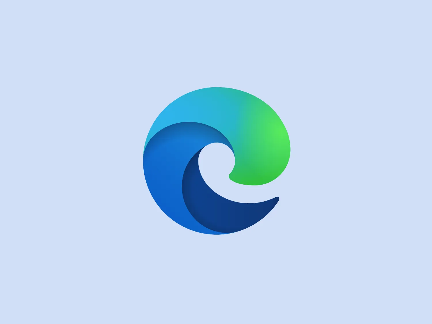 The Microsoft Edge logo features an abstract design reminiscent of a swirling wave or a dynamic circular motion, composed of two main elements that resemble a stylized letter "C". The right portion is painted in gradients of blue, cyan, and dark navy, suggesting depth and fluidity. On the left, the design transitions to a soft green, inferring energy and growth. The overall aesthetic is modern and sleek, characterized by the seamless gradient transition and the fluidity of the shapes. There's a sense of movement and connectivity in the design, perhaps symbolizing networking, communication, or environmental dynamics.