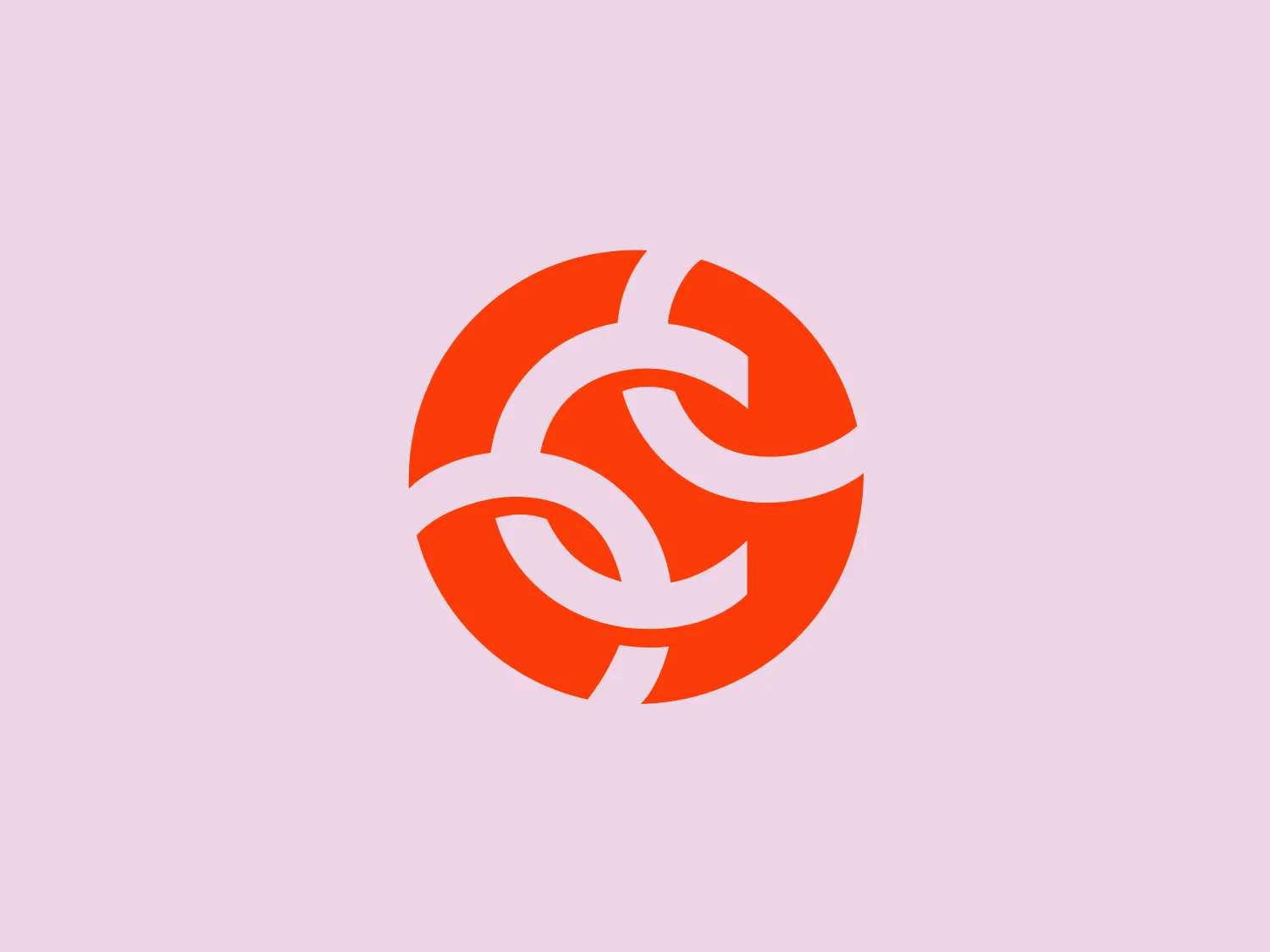 The Chainalysis logo features a bold, minimalistic design with interlocking shapes. The primary shape is a circle, within which three curved elements intertwine in a trefoil knot-like configuration, suggesting motion and connectivity. The logo is a vibrant, solid orange color, conveying energy and creativity. The thick lines and smooth curves contribute to a modern and dynamic aesthetic, appearing abstract yet conveying a sense of unity and continuity.
