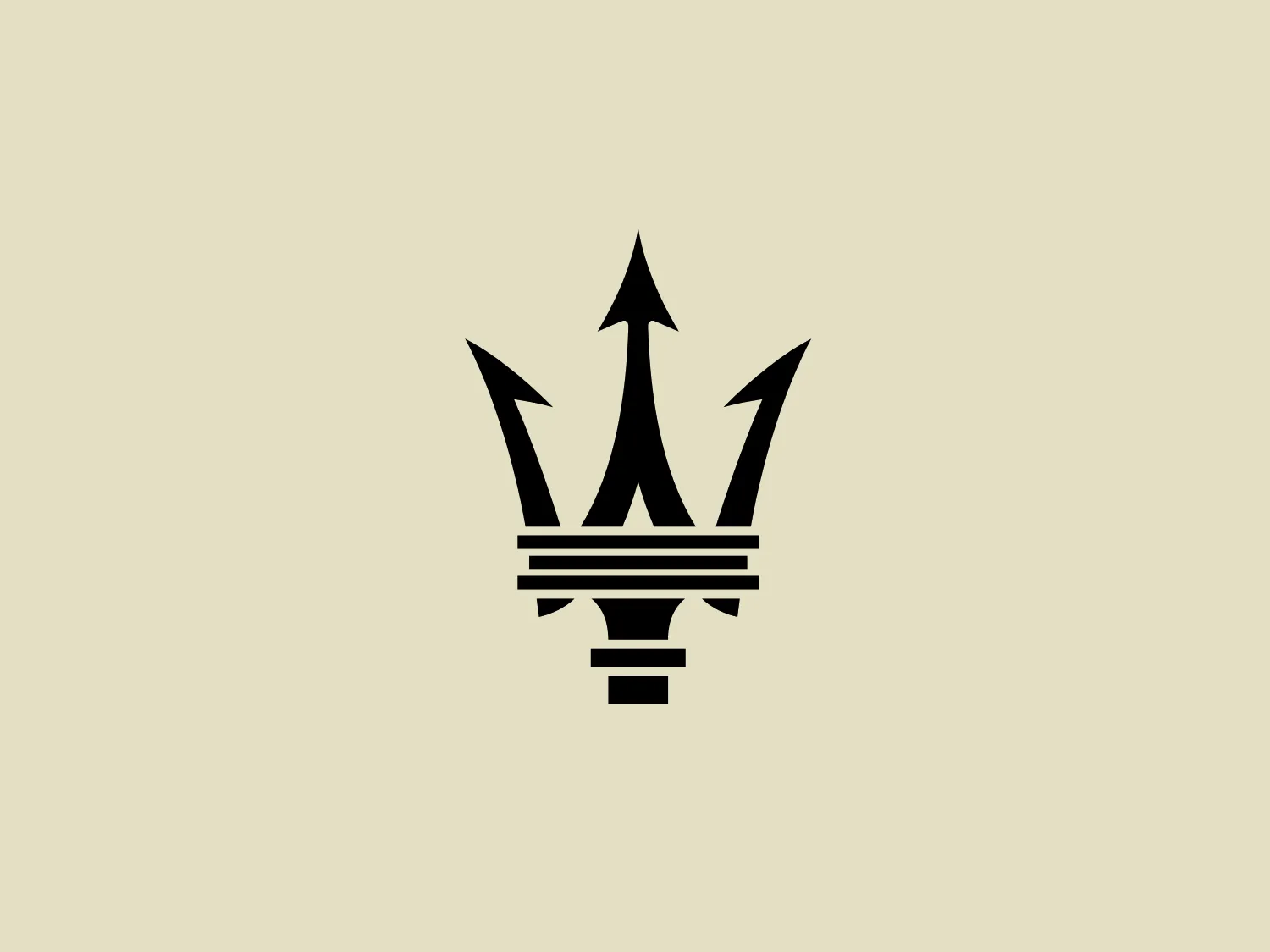 The Maserati logo depicts a stylized emblem with a symmetrical design, featuring a central element that resembles a spear or arrow pointing upwards, flanked by two angular shapes that suggest wings or stylized leaves. Its sharp edges and bold lines convey a sense of precision and assertiveness. The logo is monochromatic, utilizing a strong black against a white background to create high contrast. Given its design, a softer background color would complement the Maserati logo nicely without overpowering it.