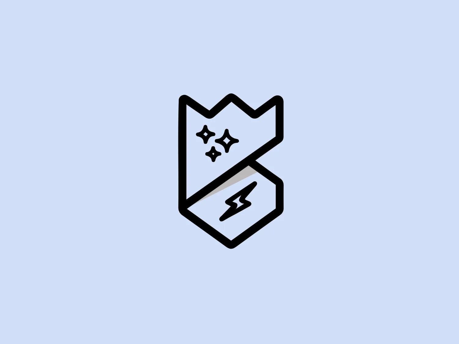 The Kingdom of Something logo features a stylized chevron or ribbon-like shape pointing downwards and folded onto itself, creating a dynamic look. It's a monochrome design, with the main figure outlined in black and filled with white for versatile application on different backgrounds. The top section of the logo showcases three stars with varying sizes, arranged in a descending diagonal line, while the lower section features a lightning bolt, providing a sense of energy or power. The overall design aesthetic is modern and clean, using simple geometric shapes and minimalistic styling to convey its message.